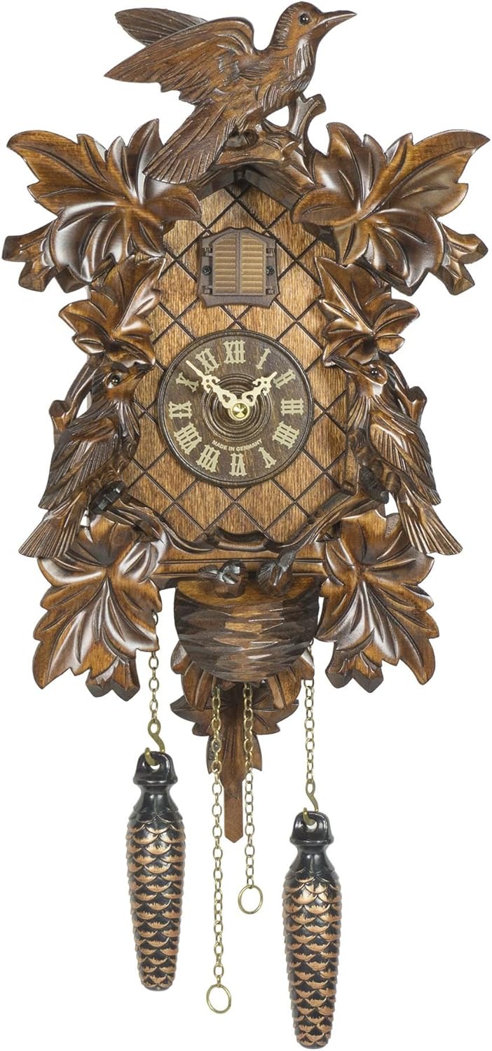 Trenkle Quartz Cuckoo Clock 6 Leaves, 3 Birds, nest, with Music