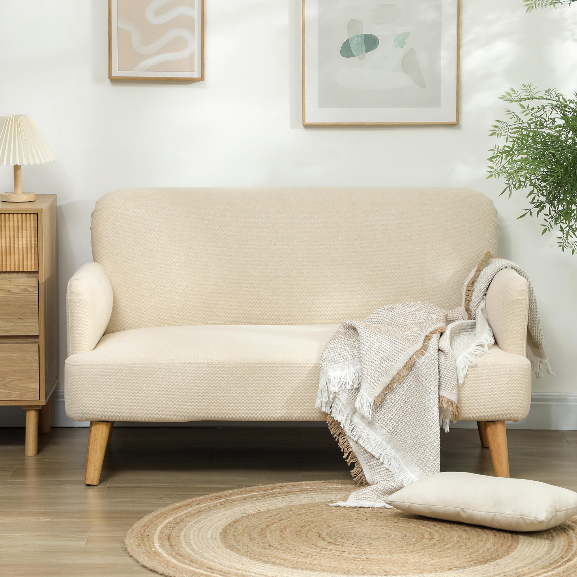 HOMCOM Divano 2 Posti Moderno Scandinavo in Tessuto con Braccioli, Divanetto 2 Posti con Imbottitura di 21 cm Gambe in Legno per Soggiorno, Salotto, Casa e Ufficio, 140x74x79 cm, Bianco Crema
