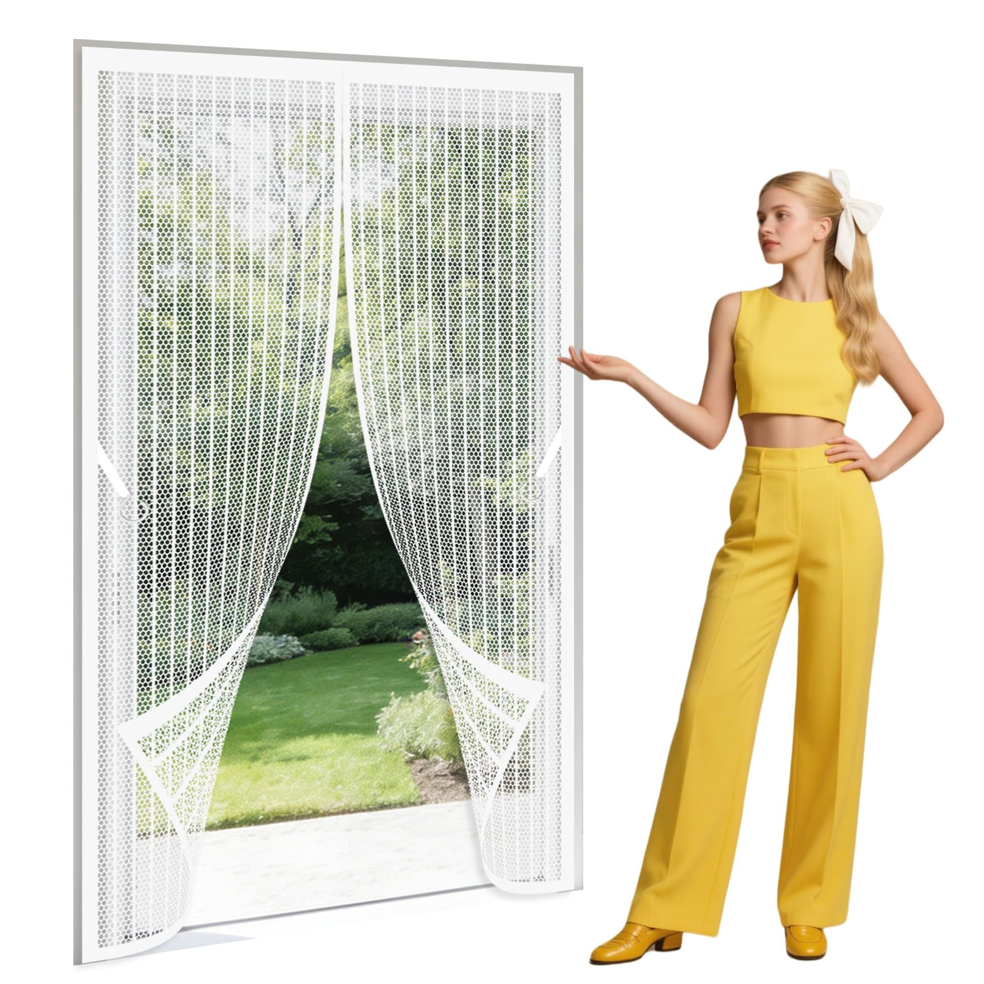 Polyester Magnetic Door 122 x 193 cm Powerful Magnets that Snap Shut Automatically Fly Insect Screen Hands Free Auto Closing for Home, Bedroom, Living Room, Kitchen, Patio, White