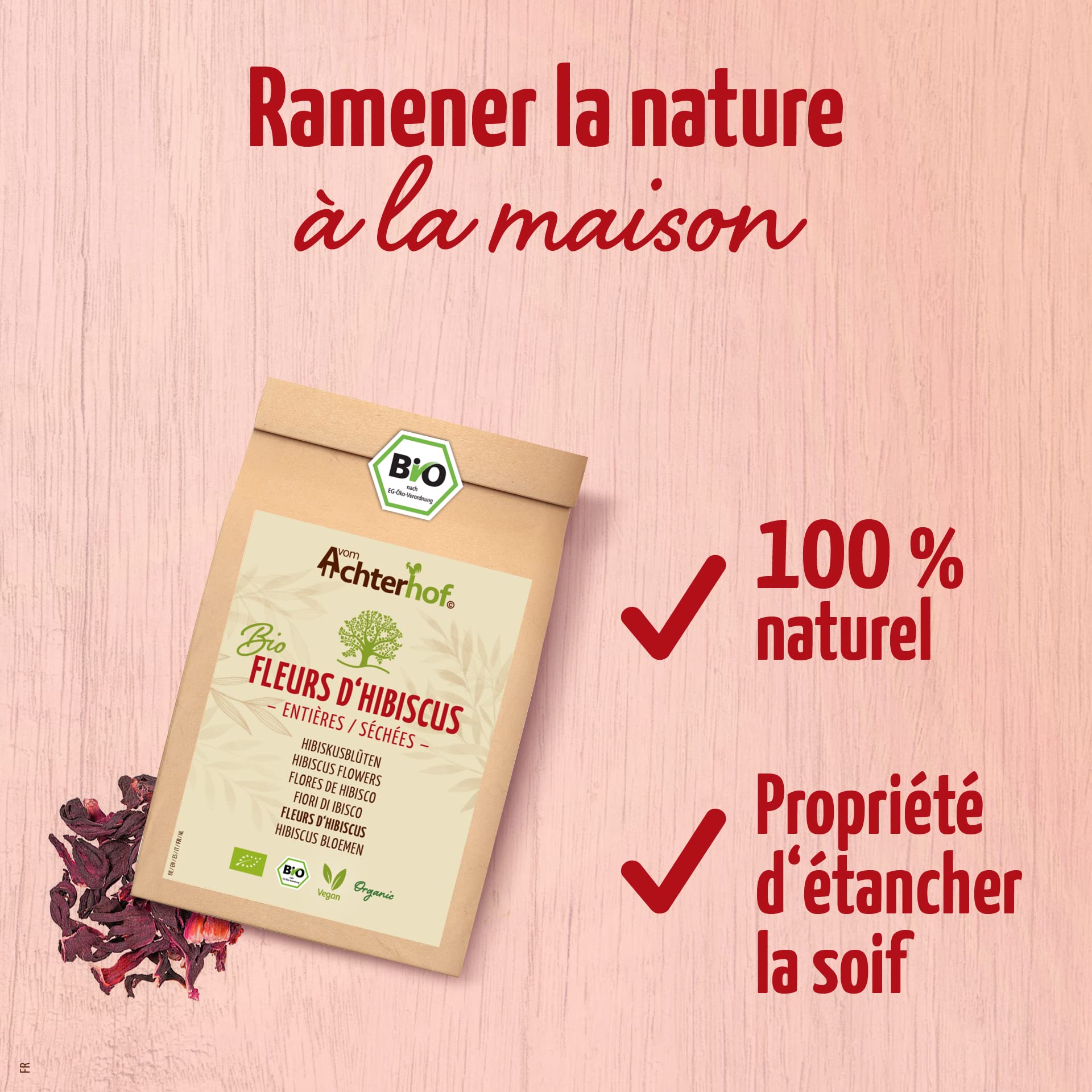 Fleurs d'hibiscus bio entièrement séchées 1000g | goût légèrement acidulé et fruité | en qualité bio | thé à l'hibiscus doux et aromatique | idéal pour les salades, desserts, yaourts | vom Achterhof