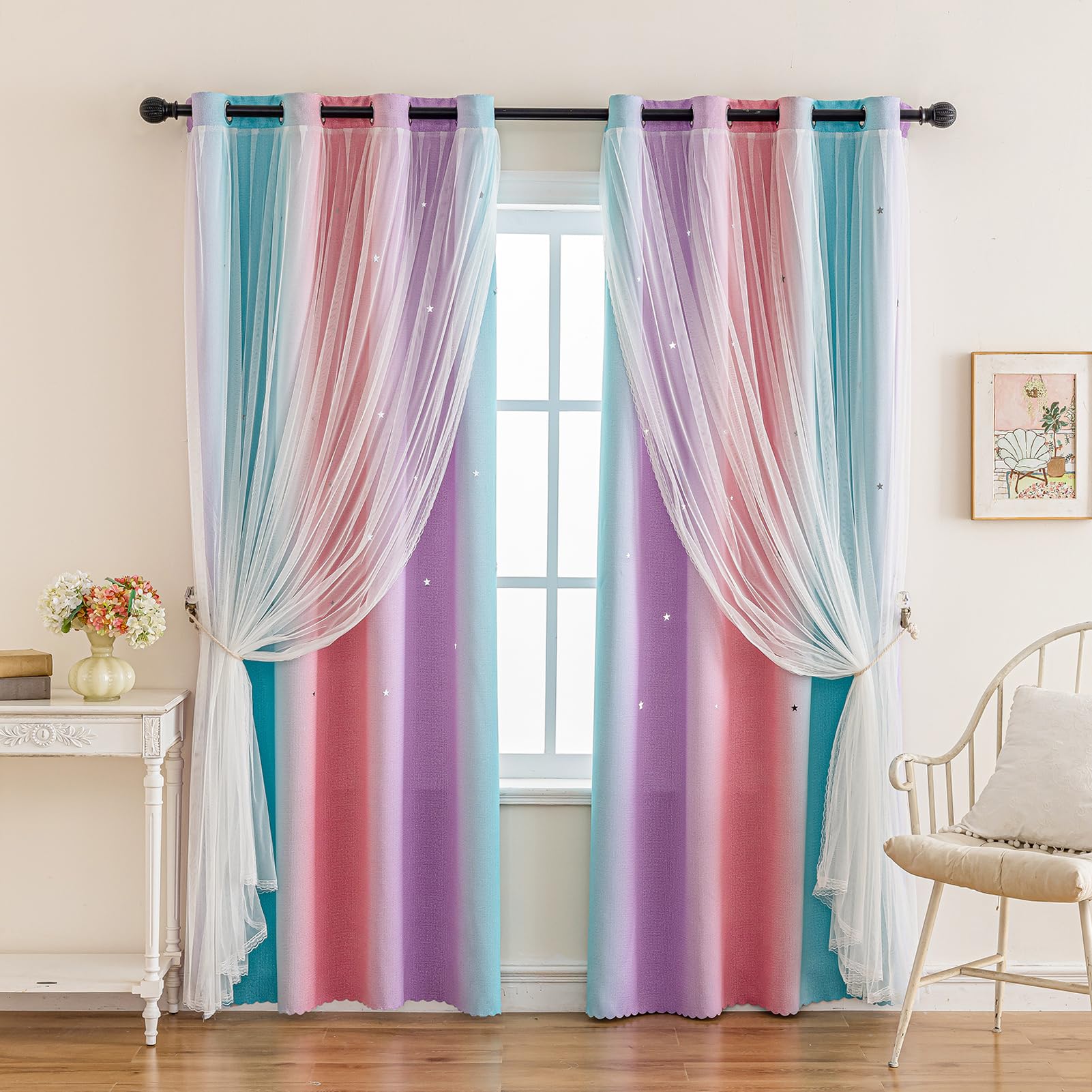 indistar Colourful Stripe Star Cut-Out Blackout Curtains for Bedroom,2 Layers Mix Design of Fabric &amp; Tulle,Pretty Window Curtain for Kids Room 1 Panel (W52 x L63 Purple Pink Green)