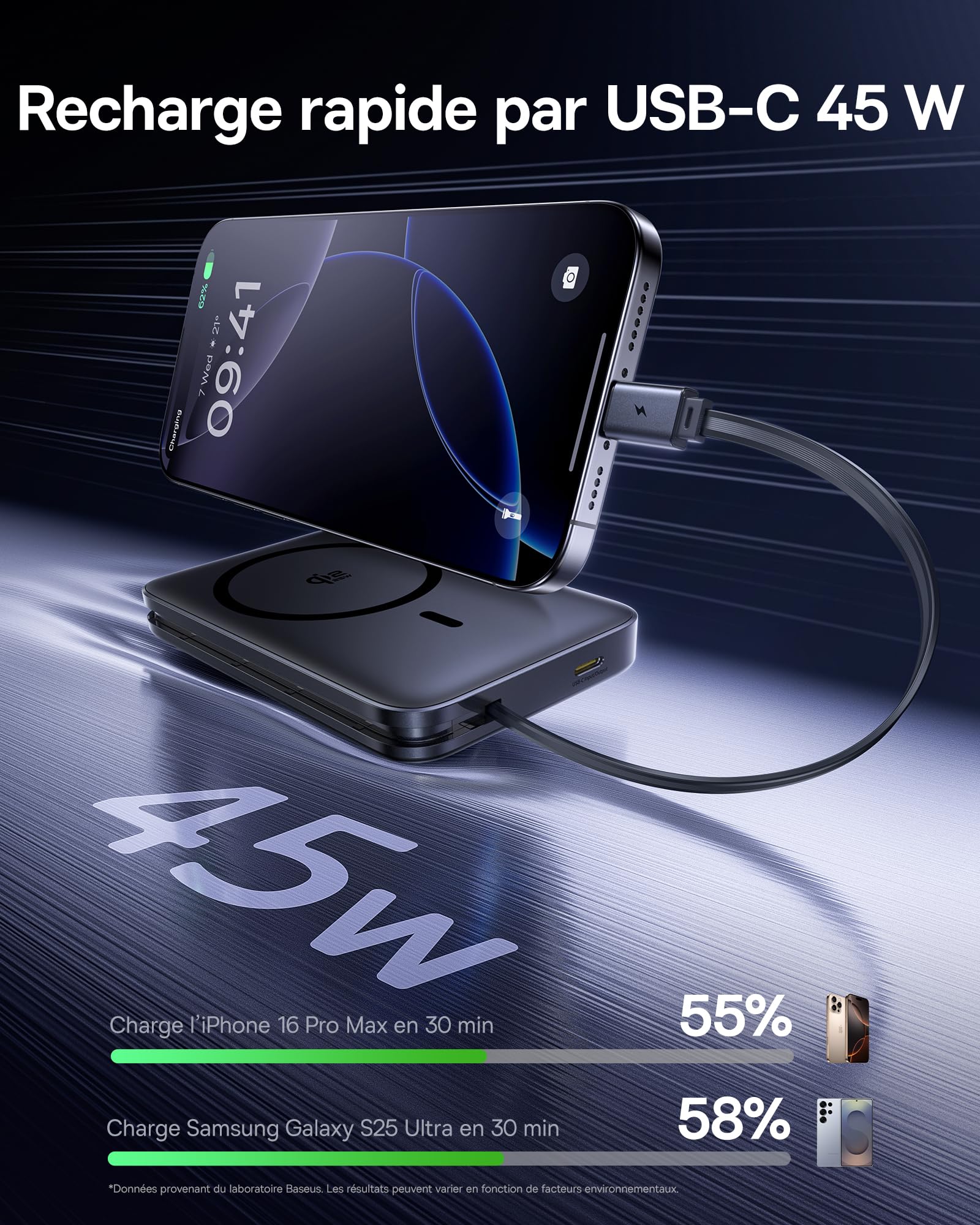 Baseus PicoGo Qi2.2 Certifiée Batterie Externe Magsafe, PD USB-C 45W, Power Bank Magnétique sans Fil 25W, Batteria Magsafe 2 * 5000mAh Compatibile avec iPhone 17/16/15/14/13/12/Pro/Pro Max Series