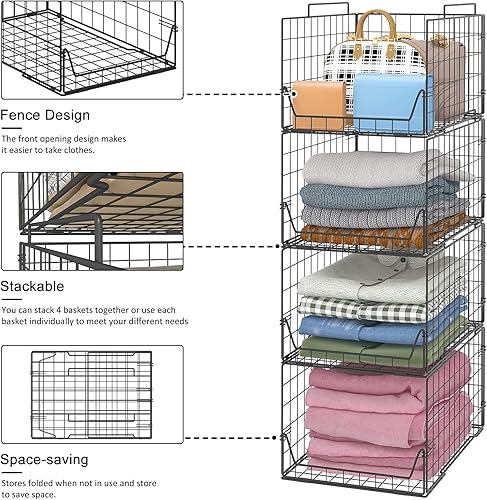 Miniatura 8 de Organizadores apilables de armario y contenedores de almacenamiento, paquete de 4, contenedor de almacenamiento de ropa de metal resistente para