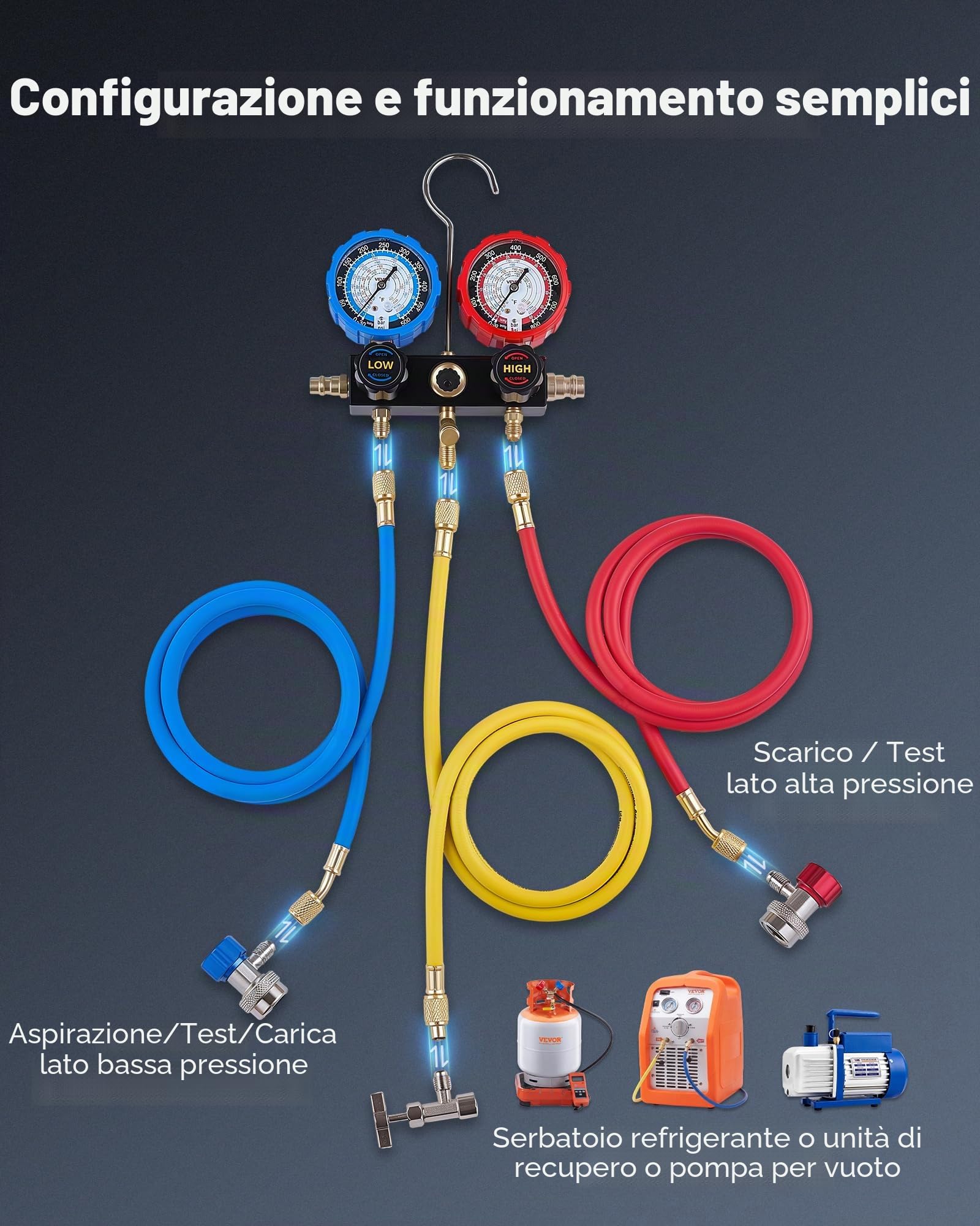 VEVOR Kit Manometro del Refrigerante per Aria Condizionata per Autoveicoli, Strumenti del Refrigerante a 3 Vie Tubi Flessibili Raccordi a Sgancio Rapido, Manometro per Aria Condizionata Auto