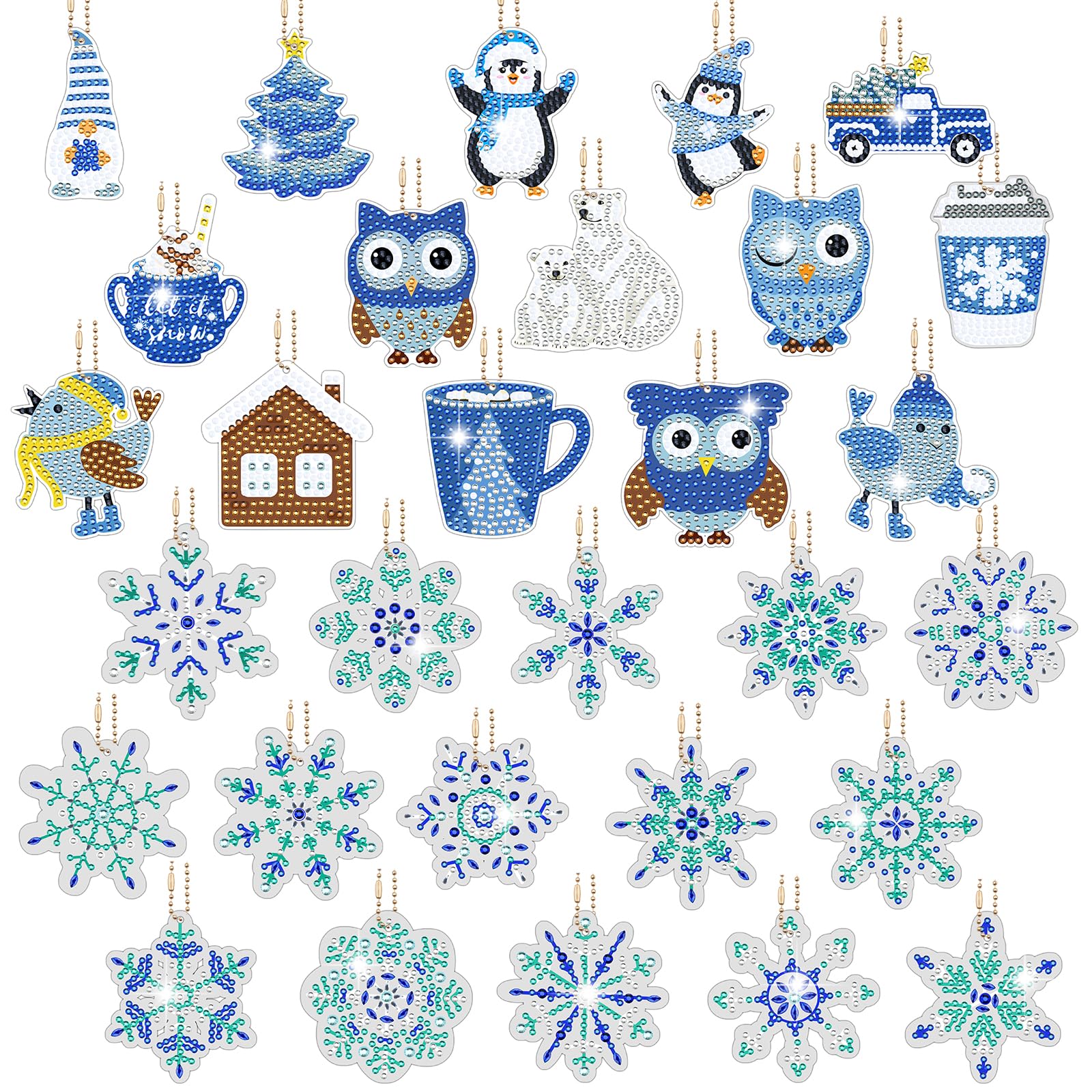 ZOCONE 30 PCS Christmas Diamond Art Keyrings, Christmas DIY Keychains 5D Diamond Hand Painting Kits, Winter Snowflakes Diamond Hand Painting Ornaments for Adults Kids