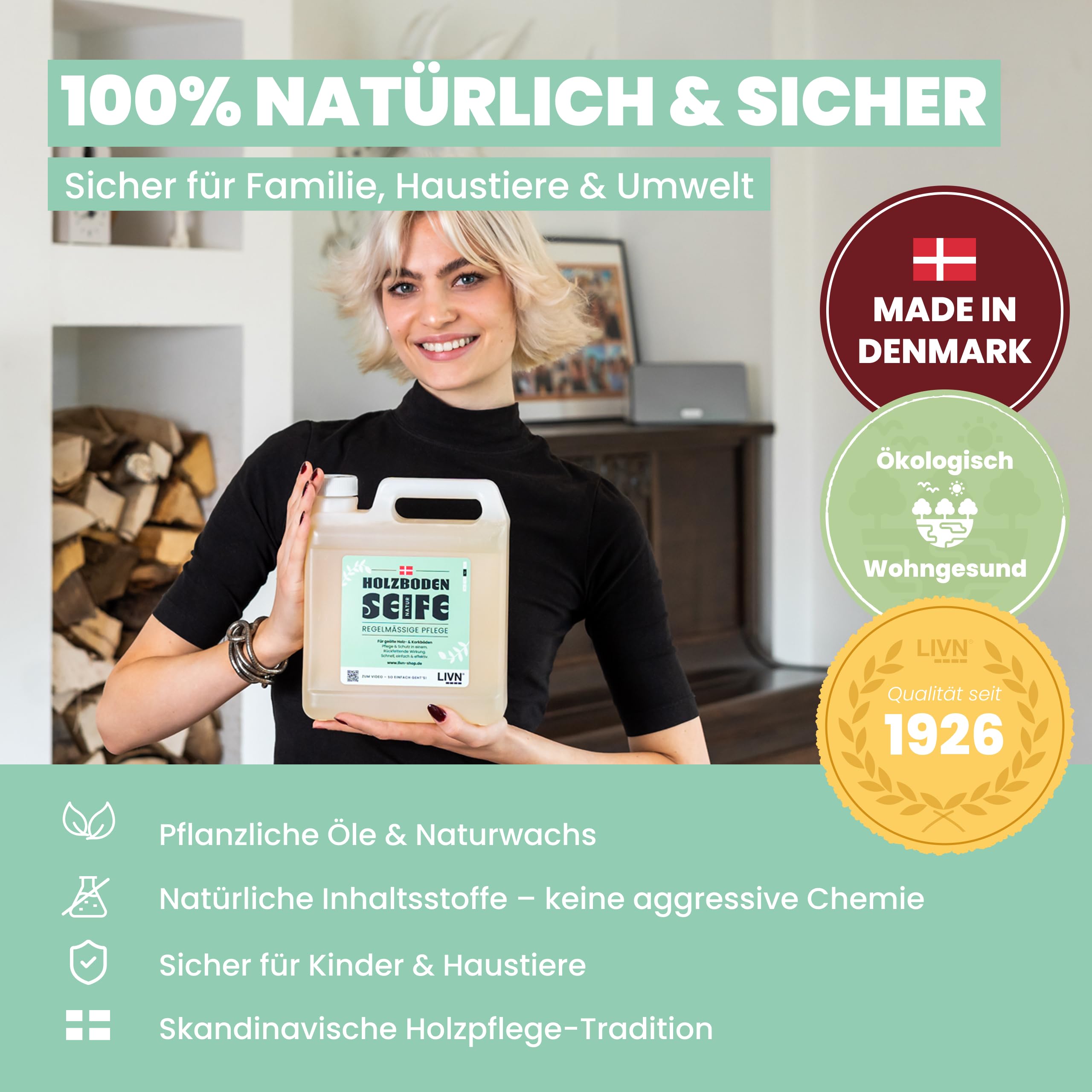 LIVN Holzbodenseife Natur 2,5L | Rückfettende Pflege & Reinigung, Für geölte Holz- & Korkböden, 200-400m² Ergiebigkeit, Made in Denmark