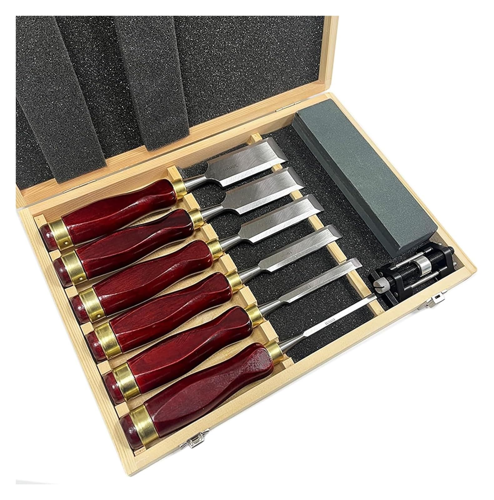 6-Pieces Woodworking Wood Chisel Set: A Carving Chisel Kit with Wooden Box, Honing Guide, Sharpening Stone. Features 60 Steel Blades, Ideal for Carpenters and Craftsmen