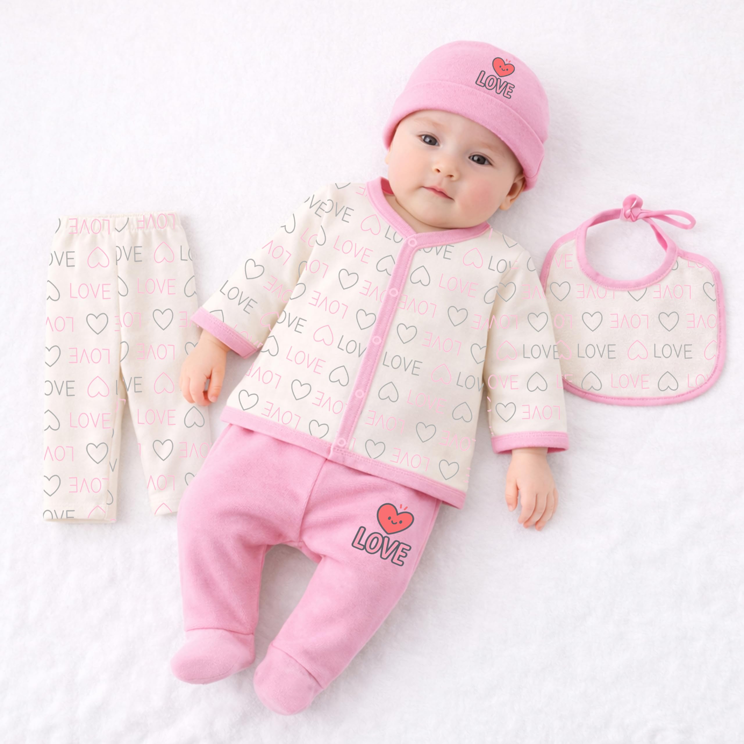 Kidbee Baby Clothing Gift Set for Boys & Girls, 5 Piece Newborn Clothing Combo with Front Open Top, Pajama, Printed Pant, Cap & Bib, Soft Cotton, 0–6 Months Baby-image-16