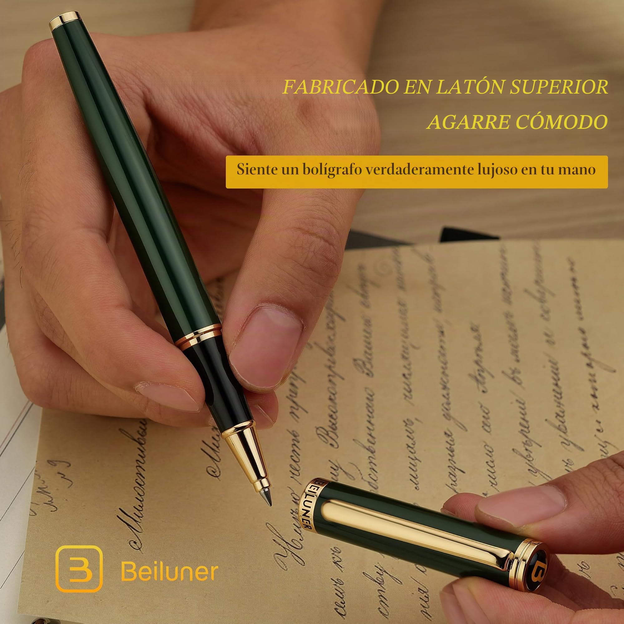 BEILUNER Bolígrafo Roller de Lujo, Detalles Dorados 24K, Diseños Nobles y Elegantes, Recambio Schneider, Mejor Set de Regalo para Hombre y Mujer, Profesional, Oficina Ejecutiva - Verde y Oro