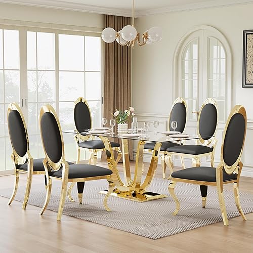 Miniatura 22 de Juego de mesa de comedor de cristal de 70 pulgadas para 6, moderna mesa de cocina de vidrio de 7 piezas y 6 sillas tapizadas de terciopelo, juego