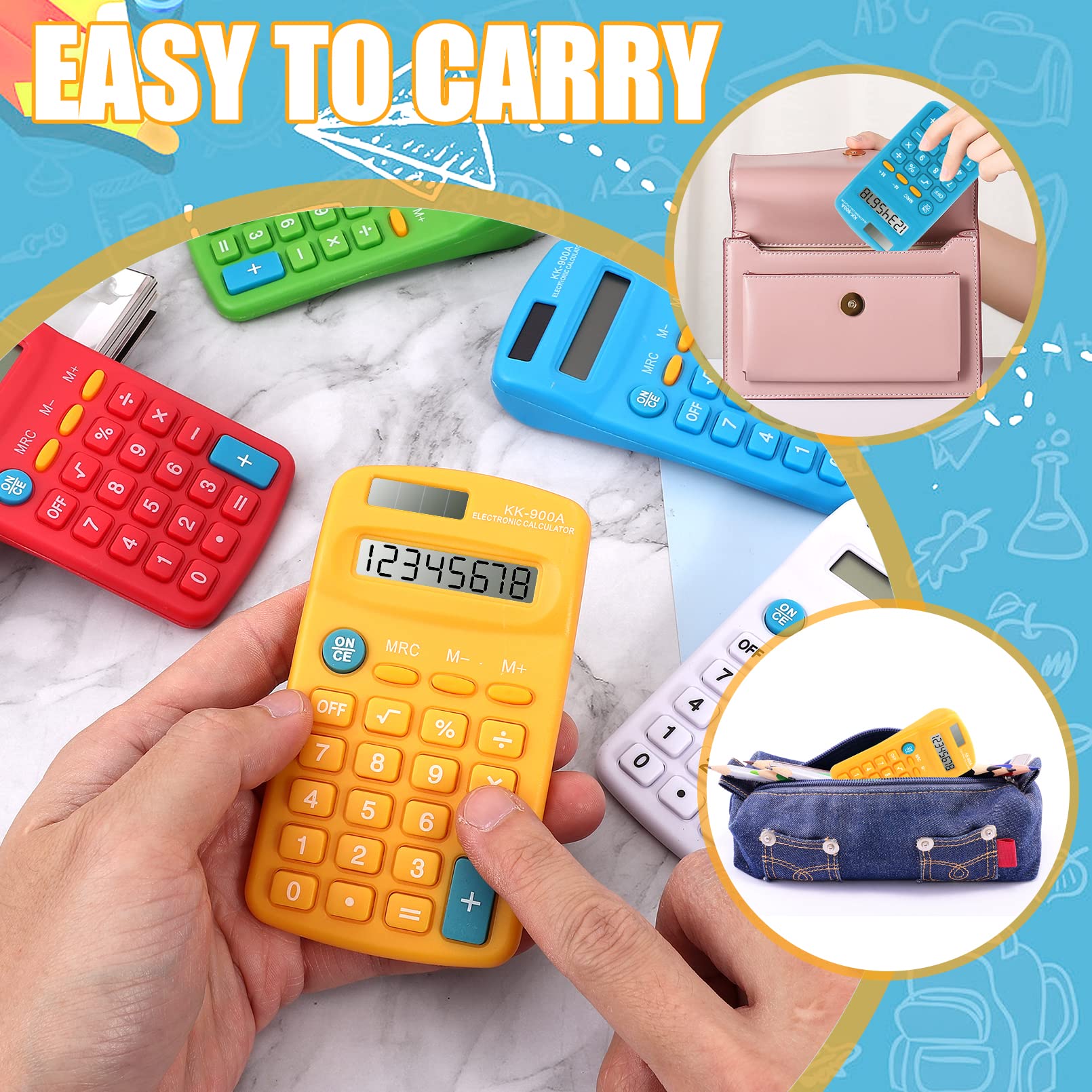 Confezione da 30 mini calcolatrici tascabili, con display a 8 cifre, calcolatrice di base a batteria solare a doppia alimentazione, 4 funzioni, per studenti, bambini, casa, ufficio, 6 colori