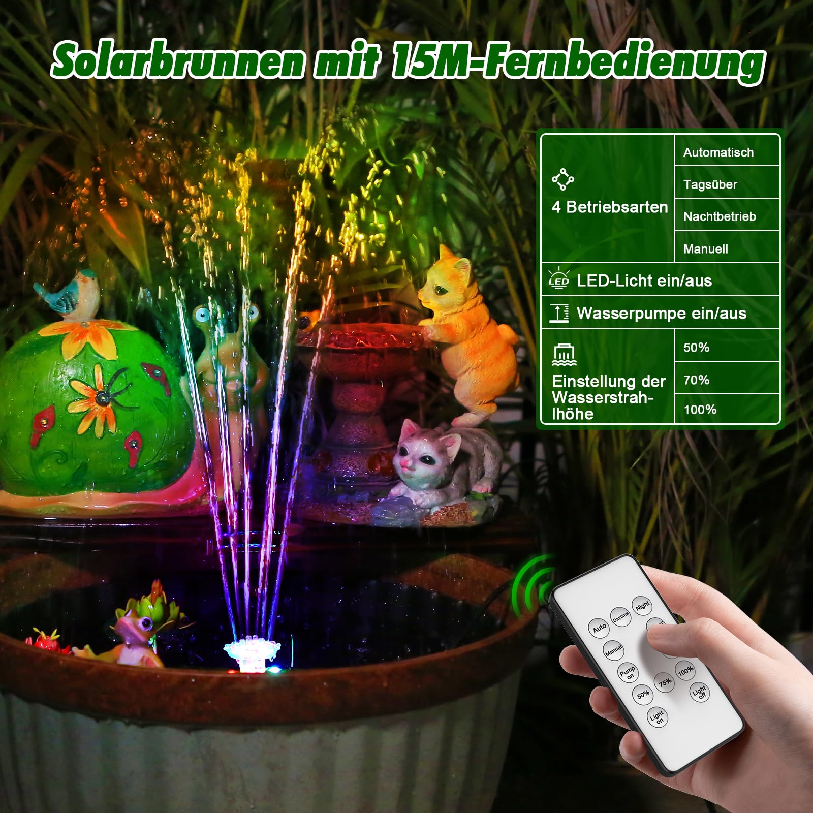 10W LED Fontana Solare per esterni, Pompa Solare per Laghetto fai da | Fontana Solare con Telecomando, pali e Batteria, 21 Effetti, Pompa Solare per Giardino, Abbeveratoio per Uccelli