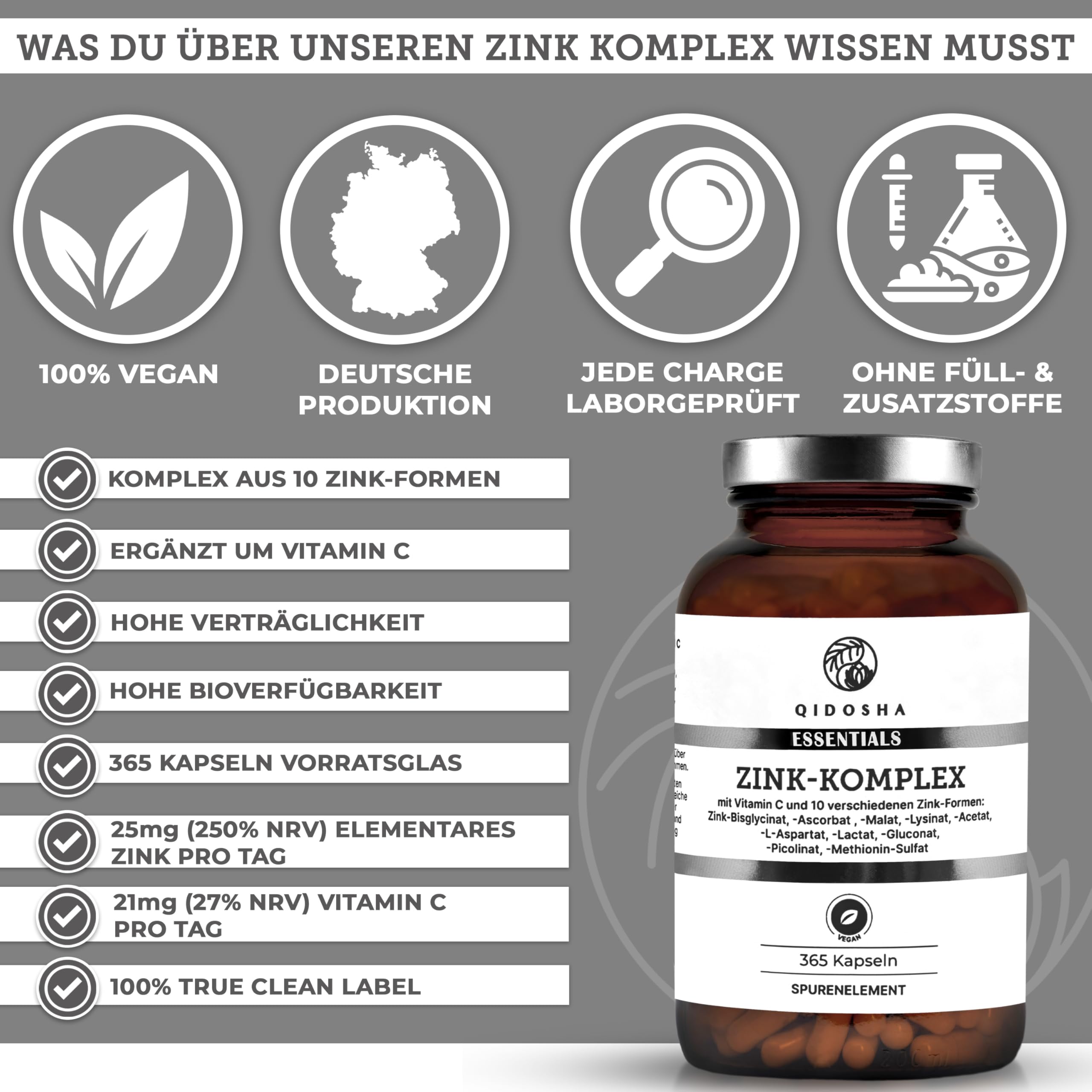 QIDOSHA® Zink Komplex, 365 Kapseln, 25 mg Zink aus 10 verschiedenen Zn-Formen plus Vitamin C, vegan, deutsche Fertigung, jede Charge laborgeprueft