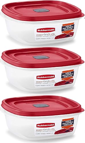 Rubbermaid Easy Find Lid - Recipiente cuadrado de almacenamiento de alimentos para 5 tazas (paquete de 3), color rojo (ventilado)