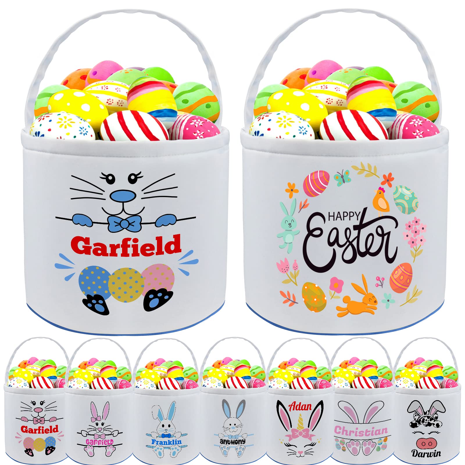 Personalized Easter Baskets for Girls Boys Kids with Name Custom Buny Easter Basket Customized Easter Egg Tote Bags Buckets - Blue