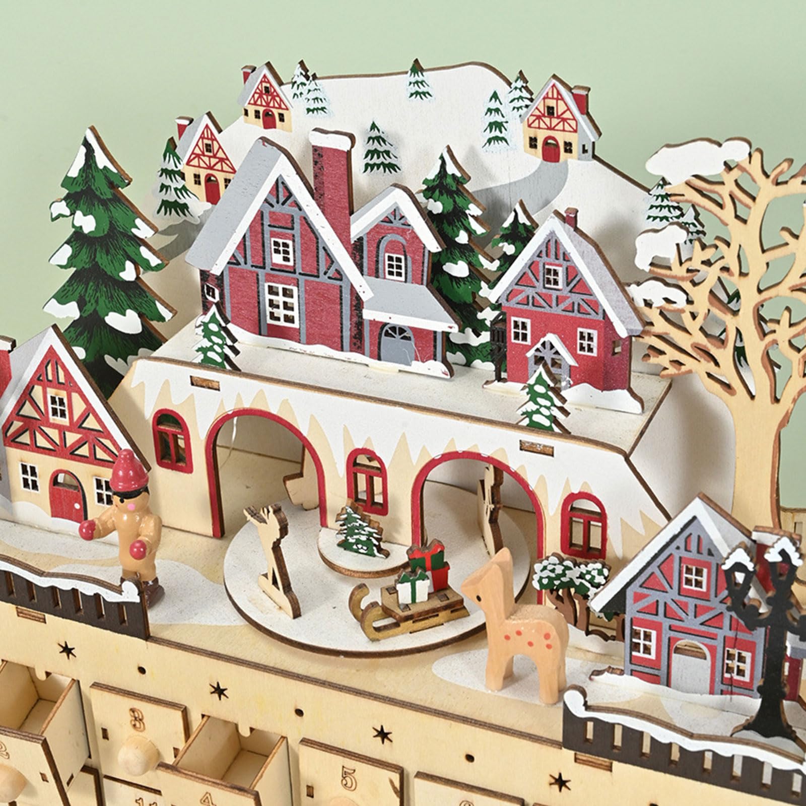 Gabinete de Calendario de Adviento de Navidad de Madera Natural con 24 Compartimentos de Regalo Adorno de Cuenta Regresiva de Casa de Pueblo Gabinete de Calendario de Cuenta Regresiva de Navidad