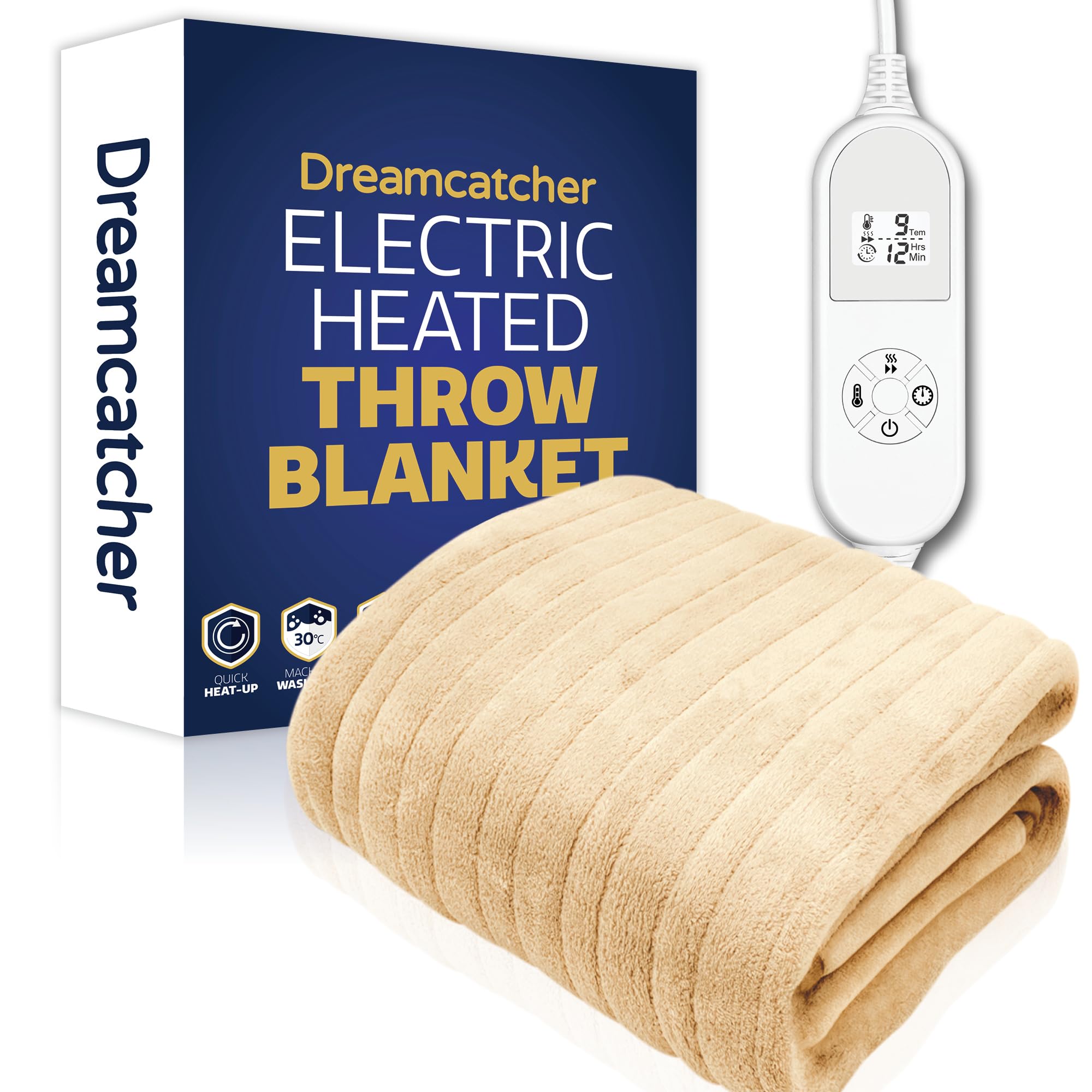 Dreamcatcher Cream Heated Throw Electric Blanket, 160 x 120cm Heated Blanket Machine Washable Soft Fleece Electric Throw Overblanket with 12HR Timer and 9x Control Heat Settings