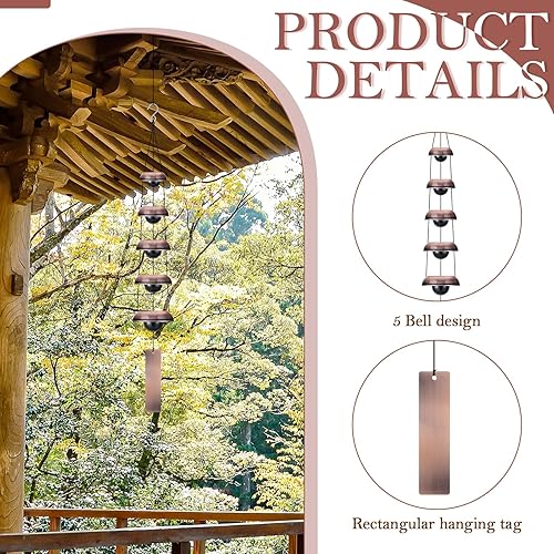 Miniatura 3 de Kigley 2 campanas de viento, campanas de viento de templo, campanas de viento de cobre rojo, campanas de viento de metal Feng Shui con 5 campanas,