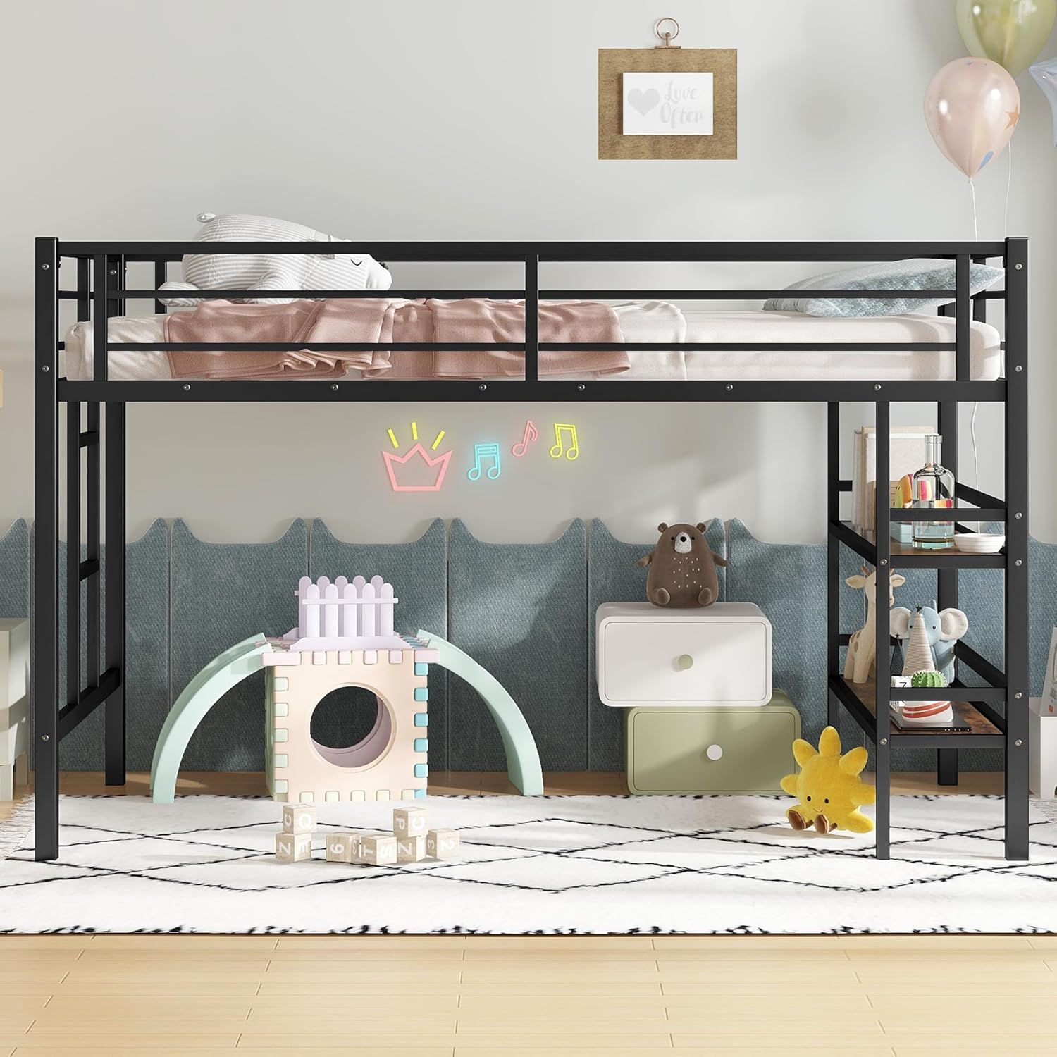 Harper & Bright Designs Low Loft Bed Twin with Shelf, Kids Loft Bed with Ladder and Safety Guardrails, Twin Loft Beds for Kids, Boys, Girls, Space Saving Design & Noise-Reduce,Black