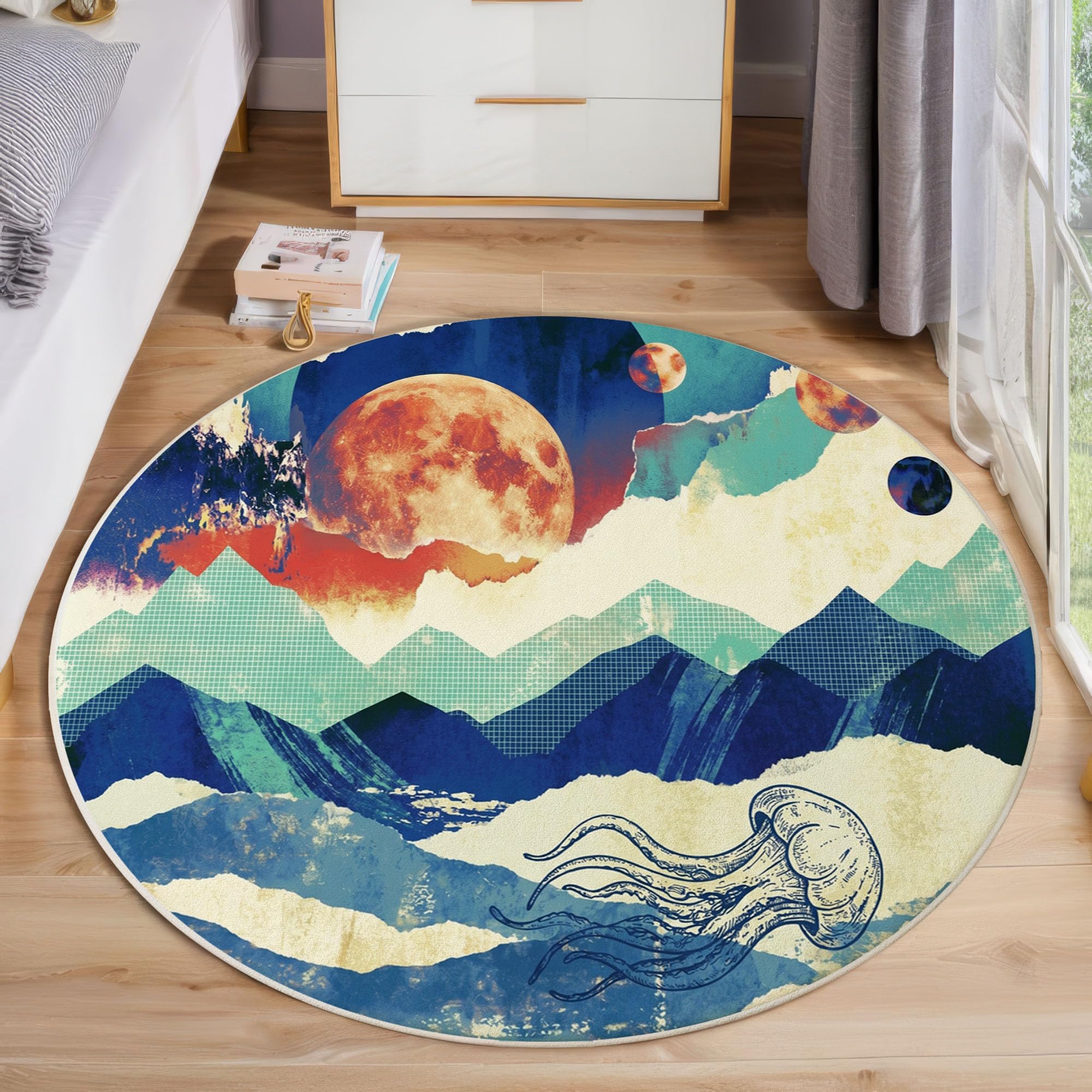Tapis Rond Pleine Lune Sommets Montagneux Méduses Salon Chambre 100cm | Poils Courts, Art De Collage Rétro, Super Doux, Lavable Et Antidérapant Tapis Rond Pour Chambre D’enfant, Salle à Manger, Bleu