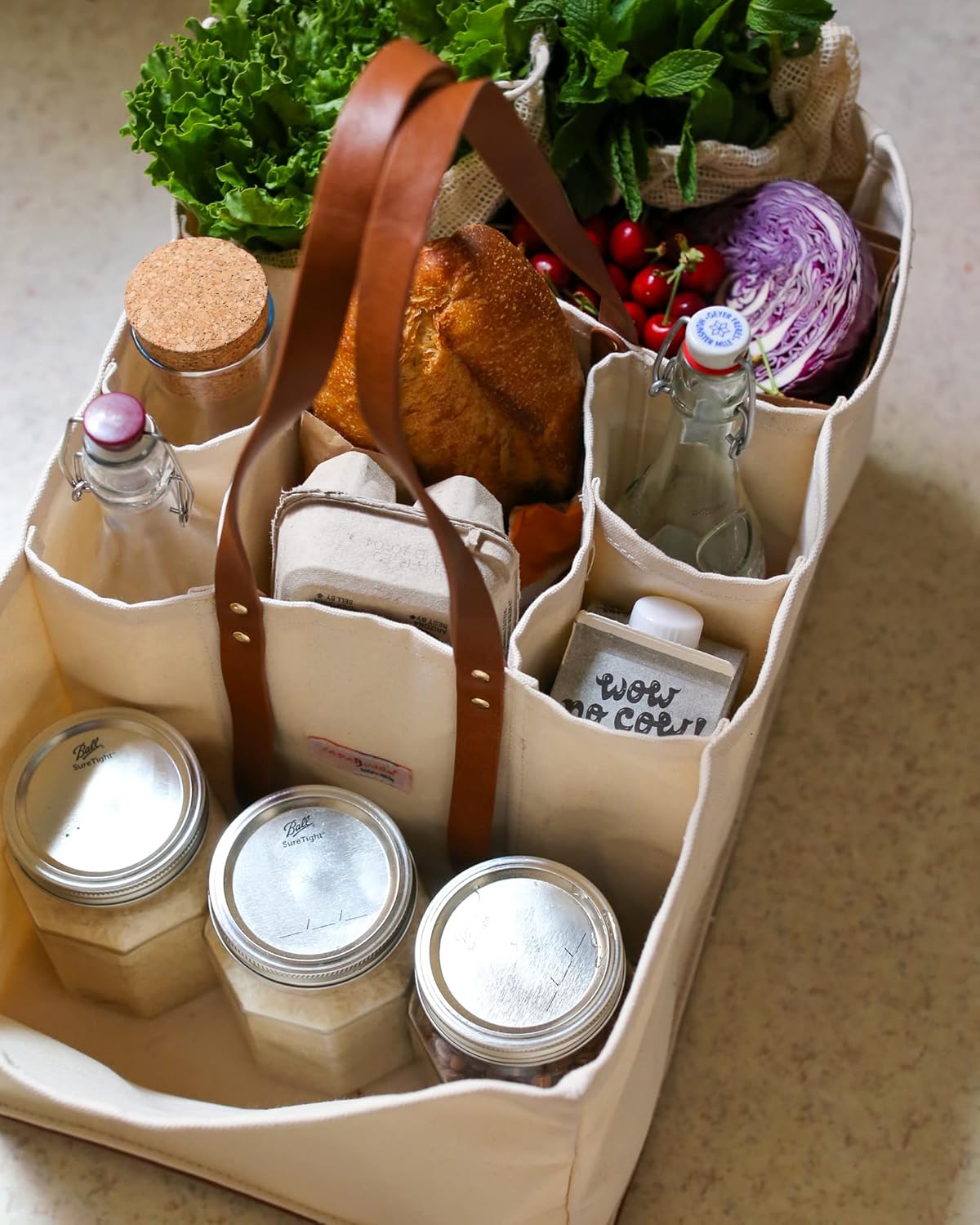 CapaBunga Grocery Tote Bag 5 Pocket Large Utility Tote with Handles Vegan Leather Base - Reusable Shopping Bags for Groceries - Image 9