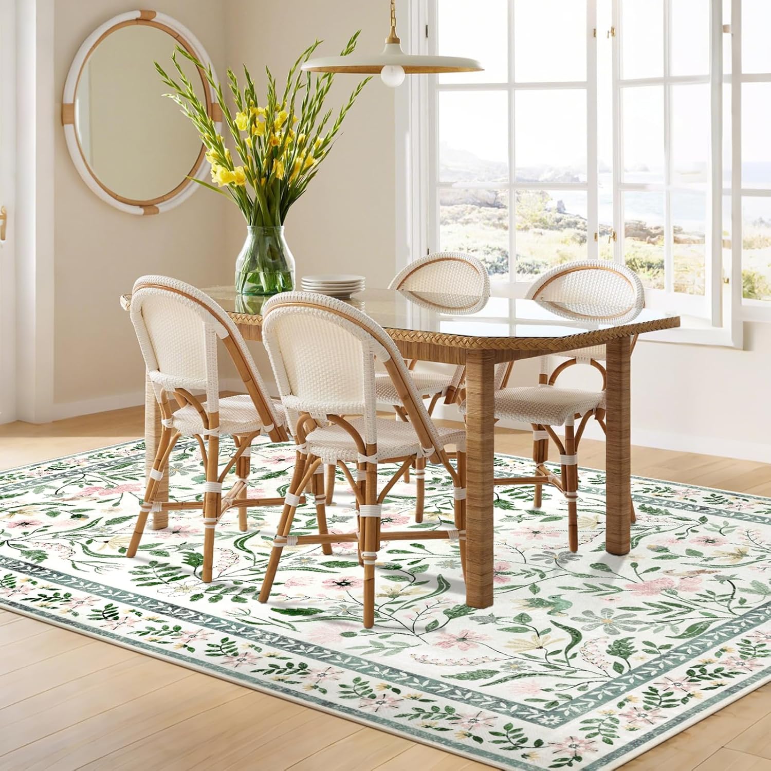 SHACOS 5x7 Floral Area Rugs for Living Room, Machine Washable Vintage Boho Rugs for Bedroom, Non Slip Soft Floral Low-Pile Nursery Carpet for Kids Room Dining Room Entryway Indoor, Green - Image 7