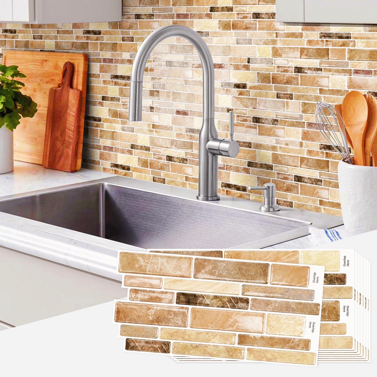 20 Sheets Mosaic Marble Effect Tile Stickers, Peel and Stick on Tiles for Kitchen Bathroom Wall Backsplash Vinyl Waterproof Self Adhesive Tile Decals Covers (Light Brown)