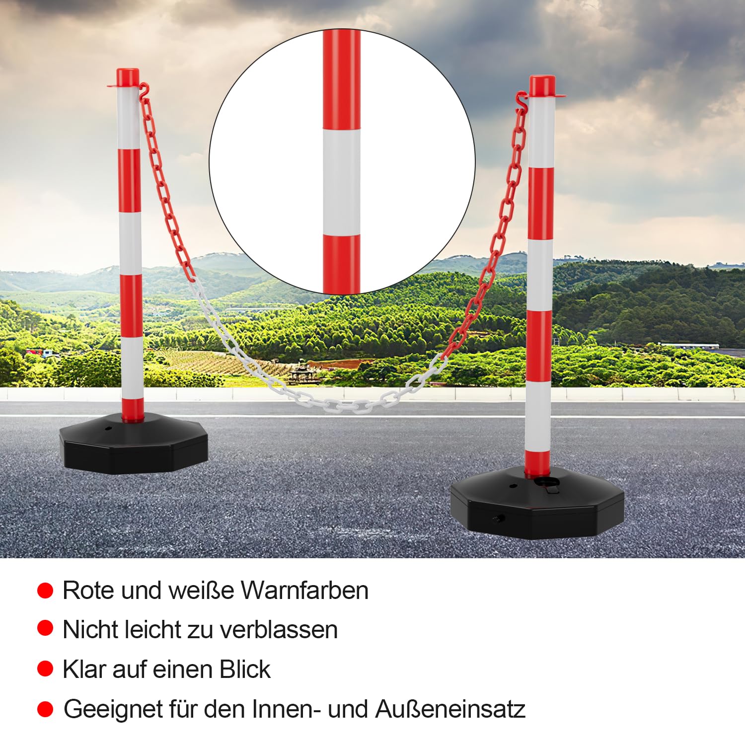 Sonnewelt 4 Stück Absperrpfosten, Kettenpfosten zum Befüllen mit Sand und Wasser, 1,4 m Kunststoffketten rot weiß, Sperrpfosten Absperrketten geeignet für Parkplatz, Auffahrt, Straßenunterhaltung