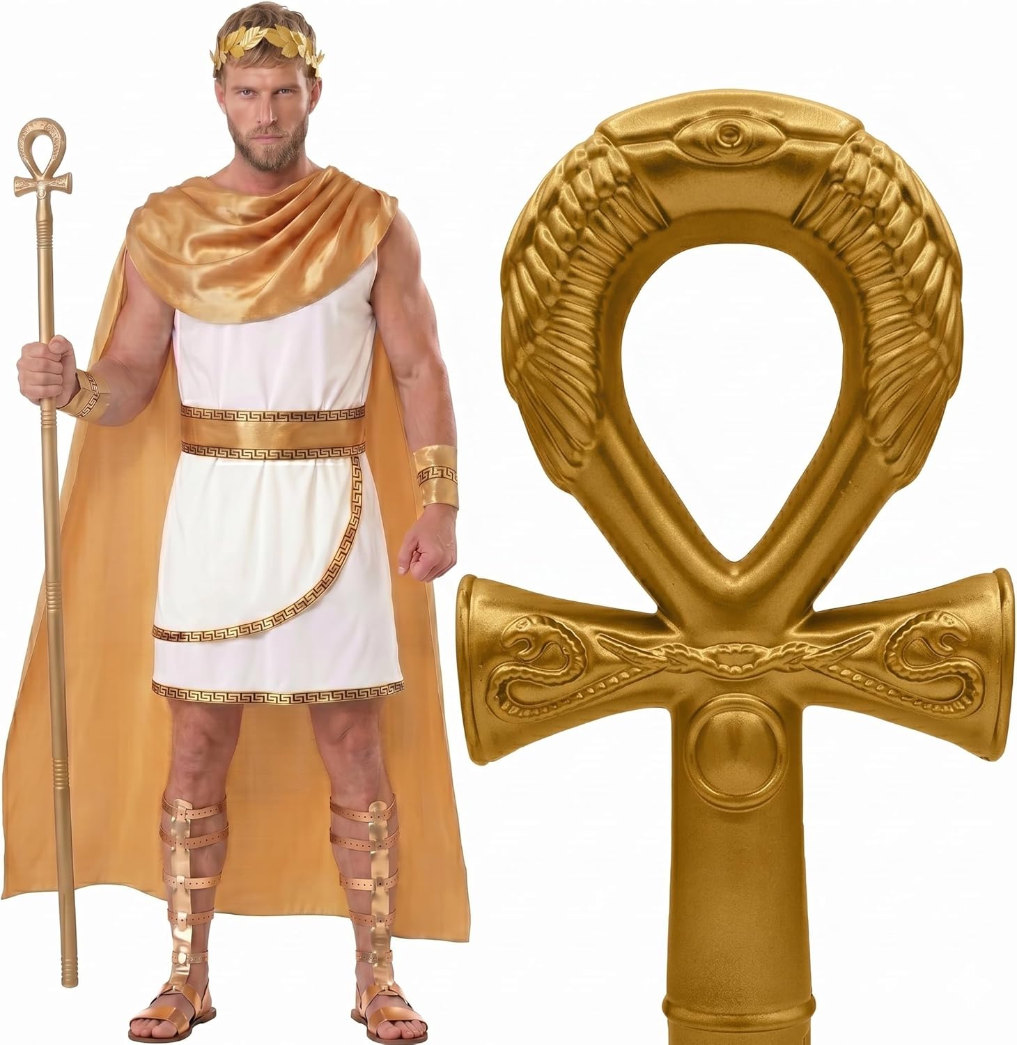 Morph Toga Costume Men Roman with Gold Staff Prop, Toga Greek God Costume, Mens Halloween Costumes