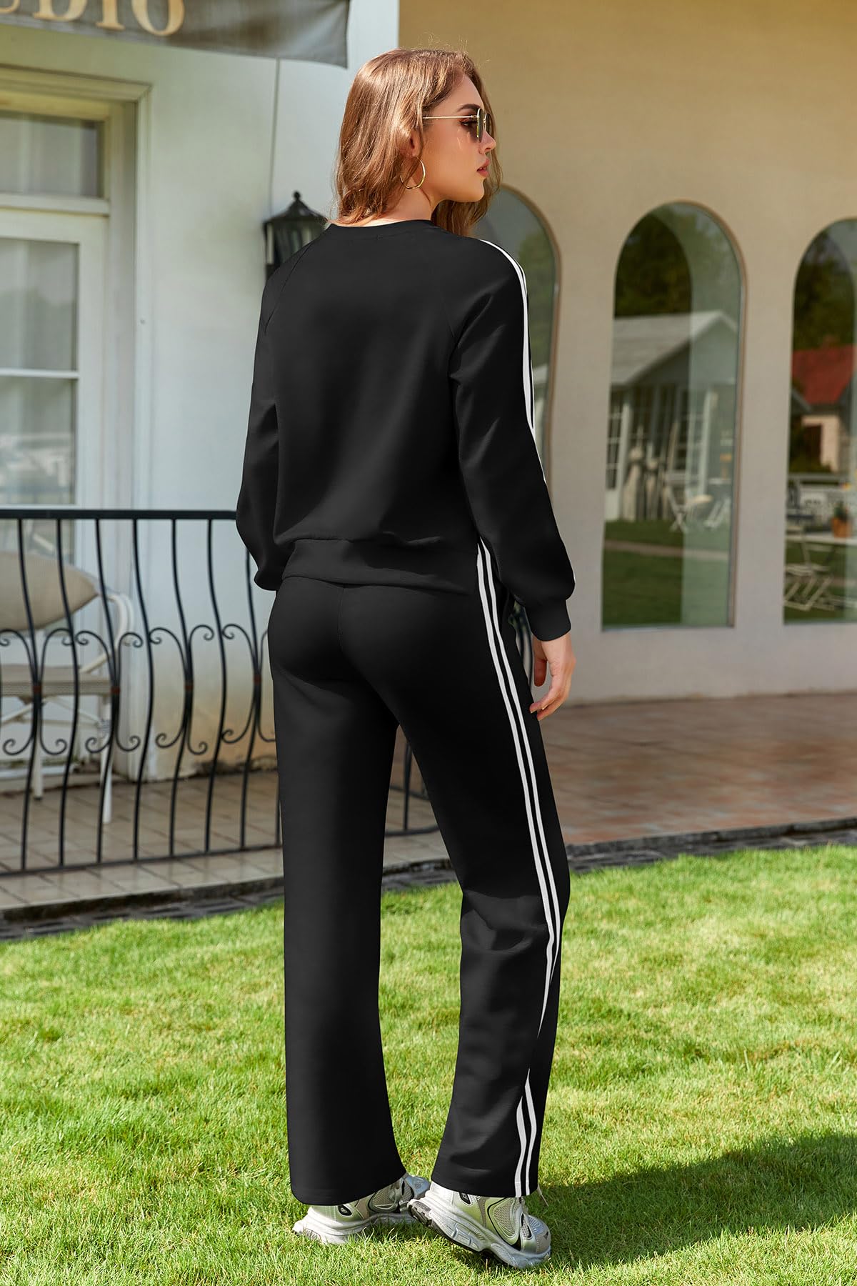 SHEKINI Chándal deportivo para mujer completo de dos piezas casual mono de gimnasia sudadera de rayas manga larga y pantalones con bolsillos pijama conjunto otoño invierno