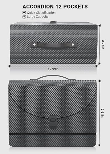 Miniatura 10 de Vanulee Organizador de archivos de acordeón portátil de 12 bolsillos con asa, carpetas de archivos expansibles con tapa expandible, caja de carpetas