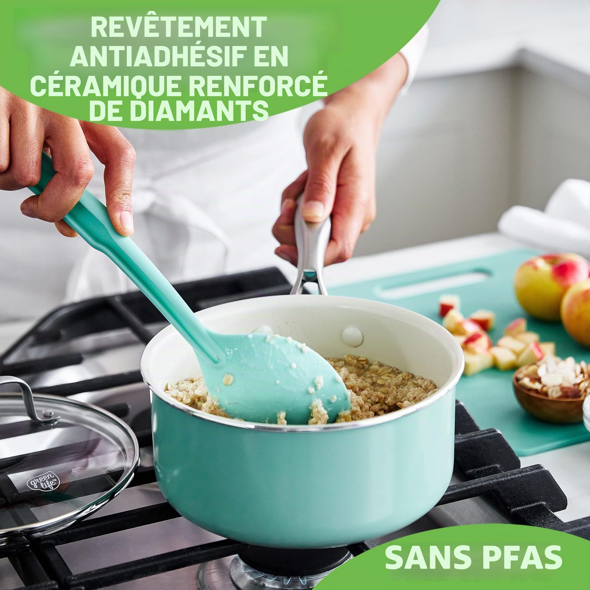 GreenLife Artizan Set de Casseroles 14cm/1L & 18cm/2L en Antiadhésive Céramique Saine, Sans PFAS, Poignée en Acier Inoxydable, Convient avec l'induction, Va au Lave-Vaisselle & au Four, Turquoise