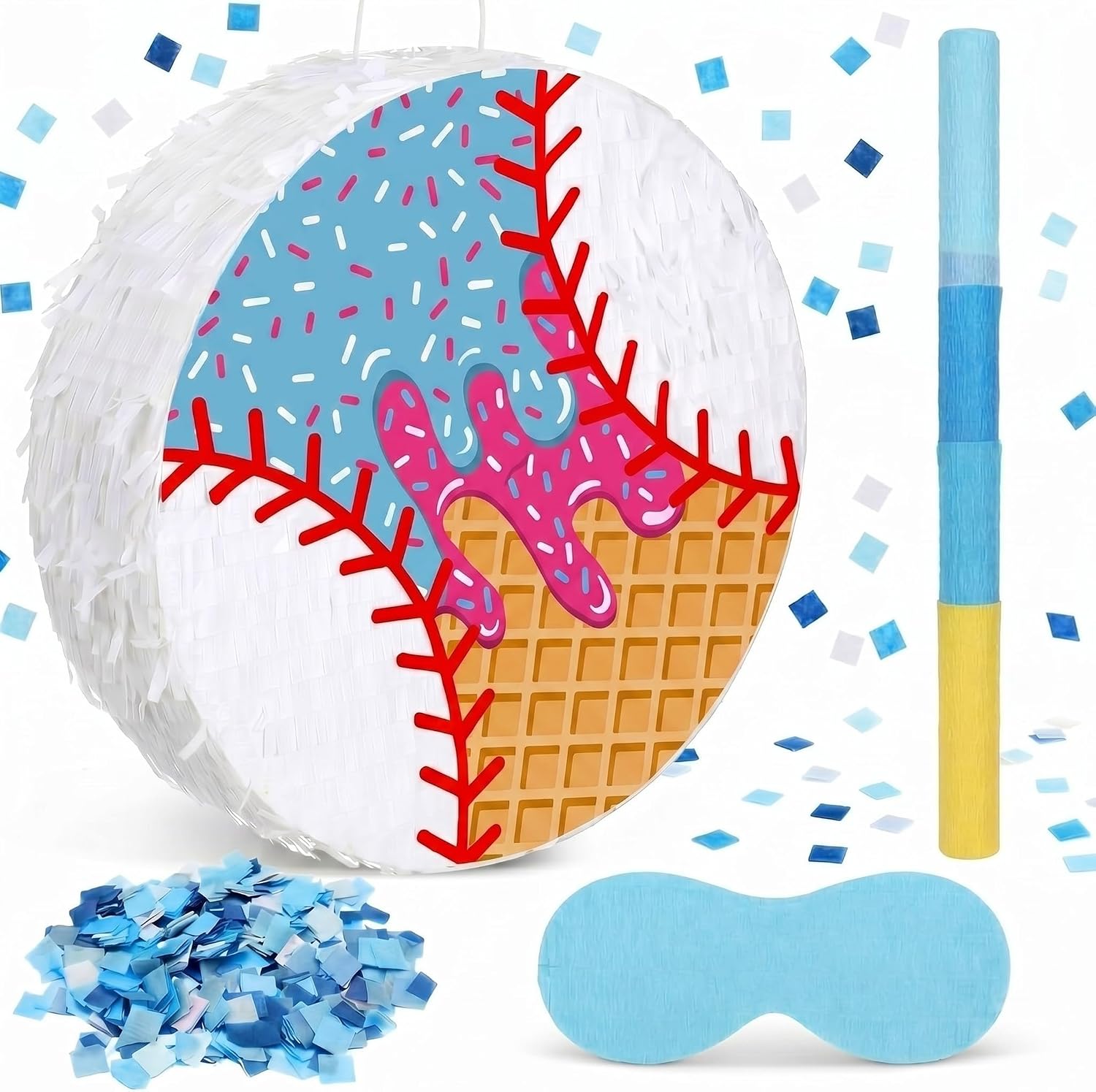Ice Cream Drip Baseball Piñata Party Decorations 12.6 x 12.6 Inch Baseball Piñata Bundle with a Blindfold and Bat Ice Cream Drip Sport Party Decor for Birthday Family Games Supplies (Blue)