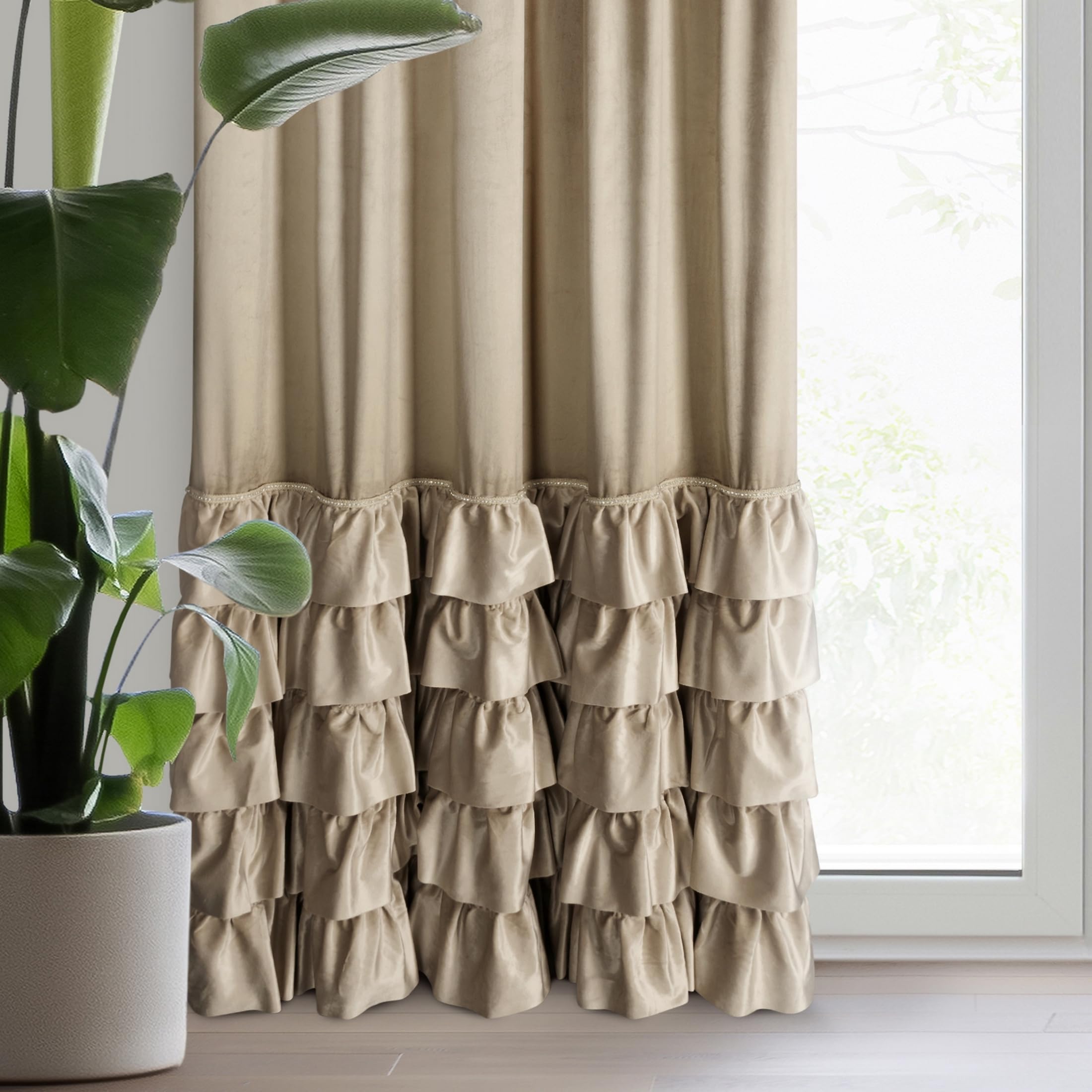 Eurofirany Carli Velvet Curtain with Ruffle Tape, 1 Piece, Opaque Blackout Curtain for Living Room Bedroom, 140 x 250 cm, Dark Beige - Image 3