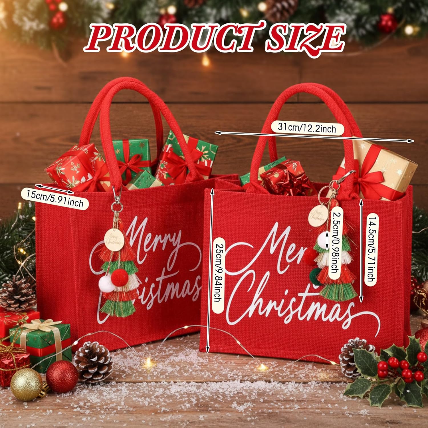 Sadnyy 8 Set Personalized Large Christmas Bags with Handles Xmas Red Reusable Burlap Tote with Tassel Pendant Keychains Merry Christmas Bags for Women Xmas Holiday Present 12.2 x 9.84 x 5.91 Inch