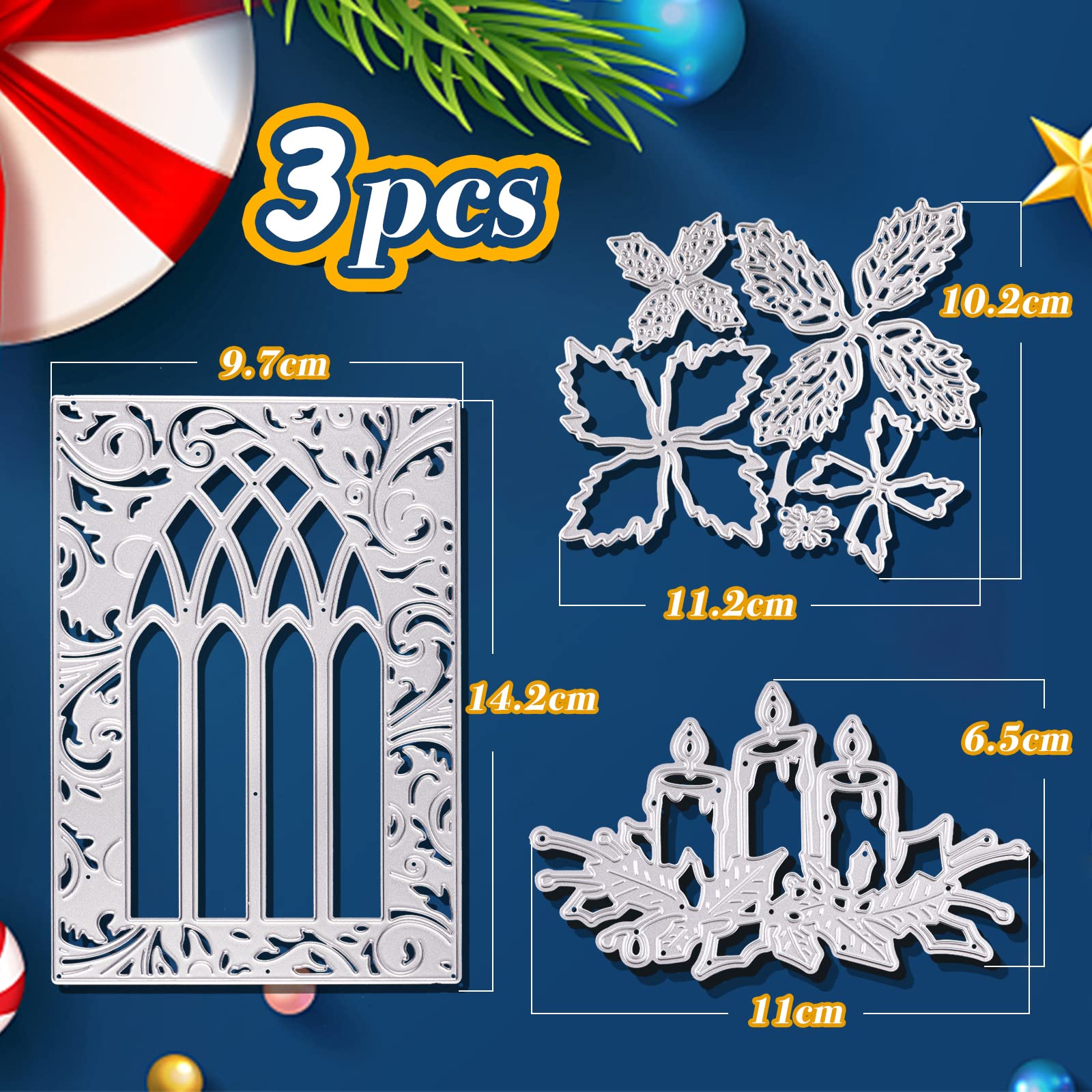 FLOFIA 3x Weihnachts Stanzschablonen Set - Kirchentüren, Kerzen & Blumen Für DIY Karten