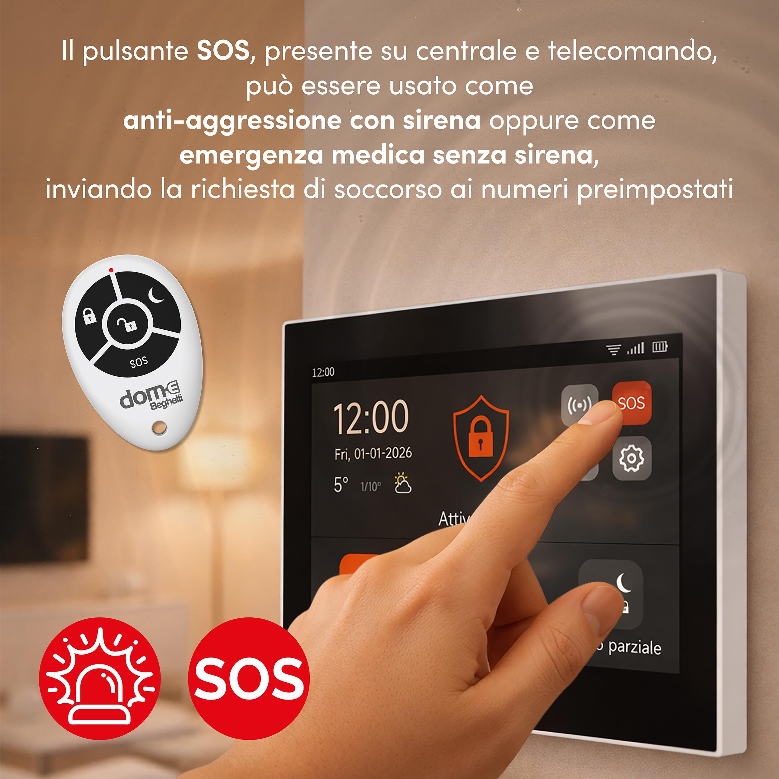 Beghelli - Kit Allarme Dom-e, Sistema Antintrusione Wireless WIFI/GSM 4G LoRa, Senza Fili, Compatibile con Alexa e Google Home, Installazione Senza Cablaggio, Pulsante SOS