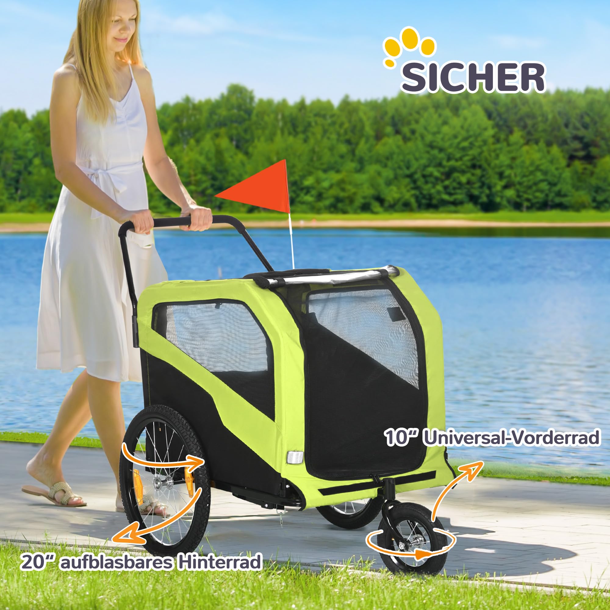 PawHut Rimorchio bici 2 in 1 passeggino per cani grandi con gancio verde | Ruote 20" a sgancio rapido, carrello bici per animali, per viaggio