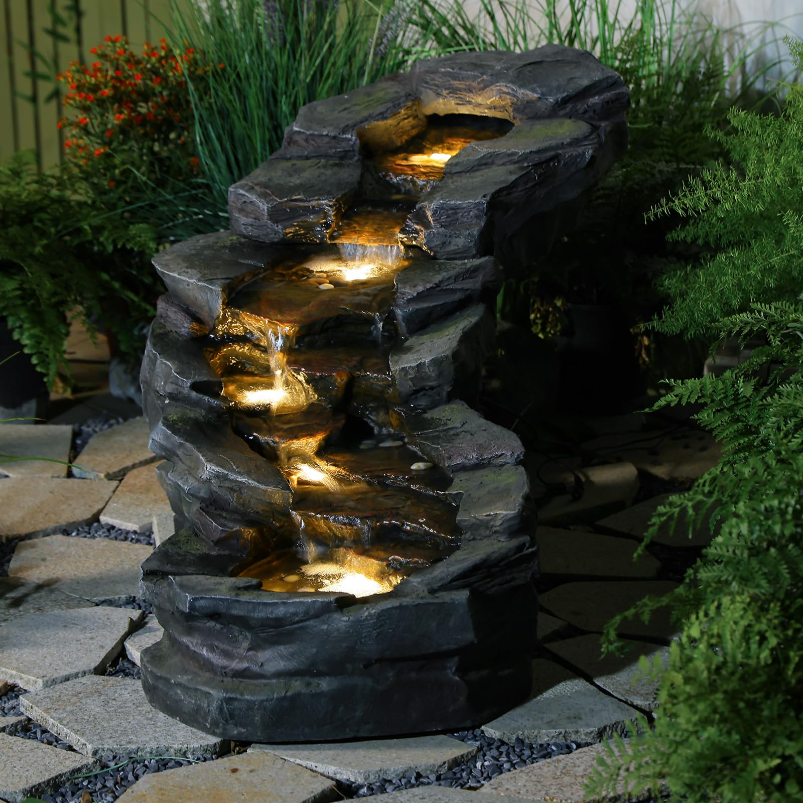 49" L Water Fountain Outdoor 5-Tiers Rock Natural Waterfall Fountains Floor Standing Water Features with LED Lights for Garden, Patio, Porch, Home Art Decor