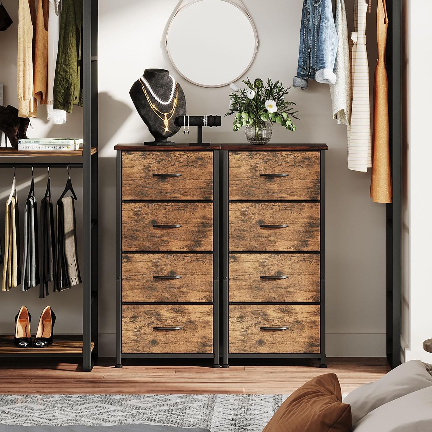 CAIYUN Commode 4 Tiroirs, Meuble de Rangement à Tiroirs en Tissu, pour Chambre à Coucher, Couloir, Entrée, Salon, Cadre en Métal, Plateau Bois, Marron