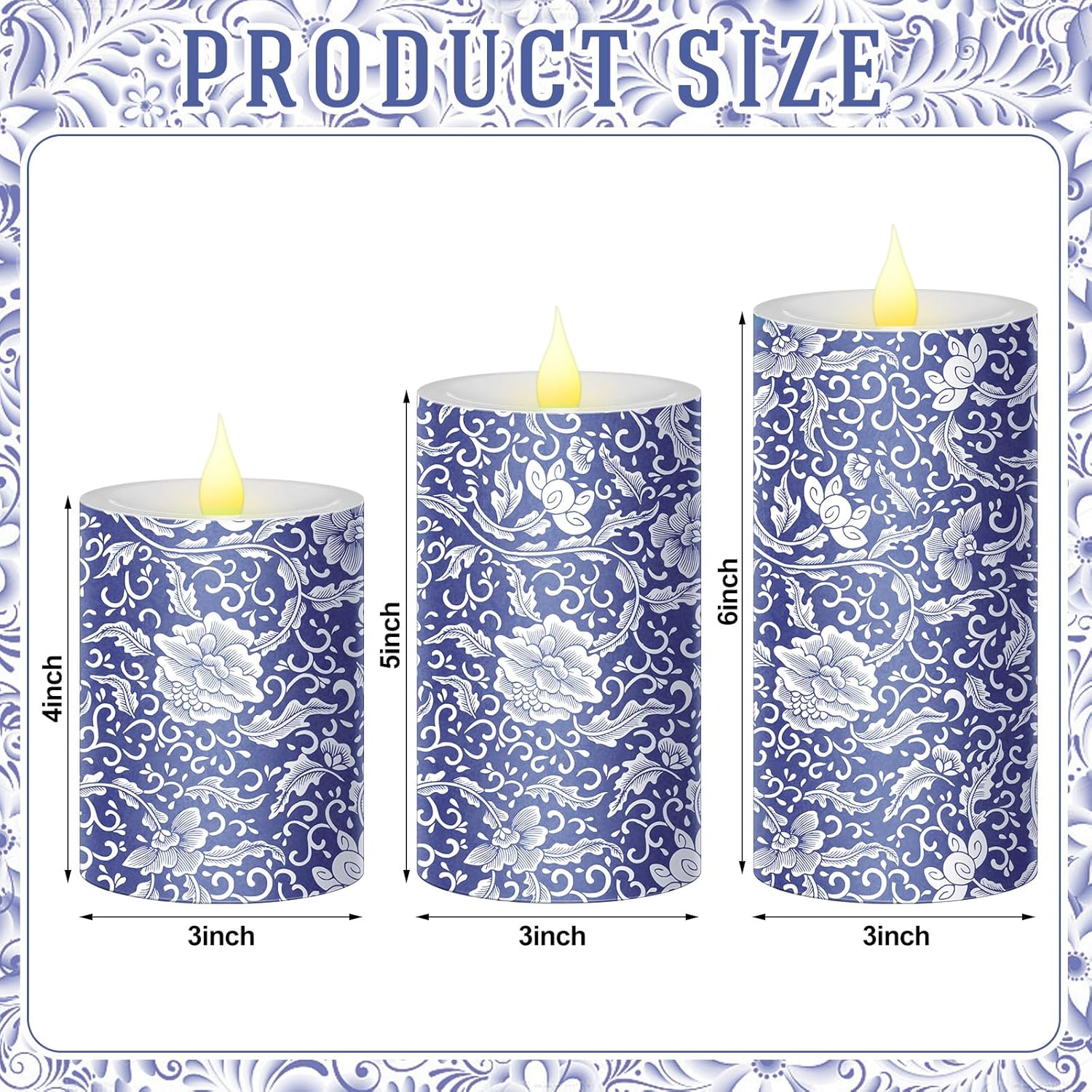 Baquler 3 Pcs Christmas Chinoiserie Flameless Candles Blue and White Pillar Candles Battery Operated LED Candlestick Chinoiserie Decor for Christmas Home Wedding Table Party Holiday Gifts