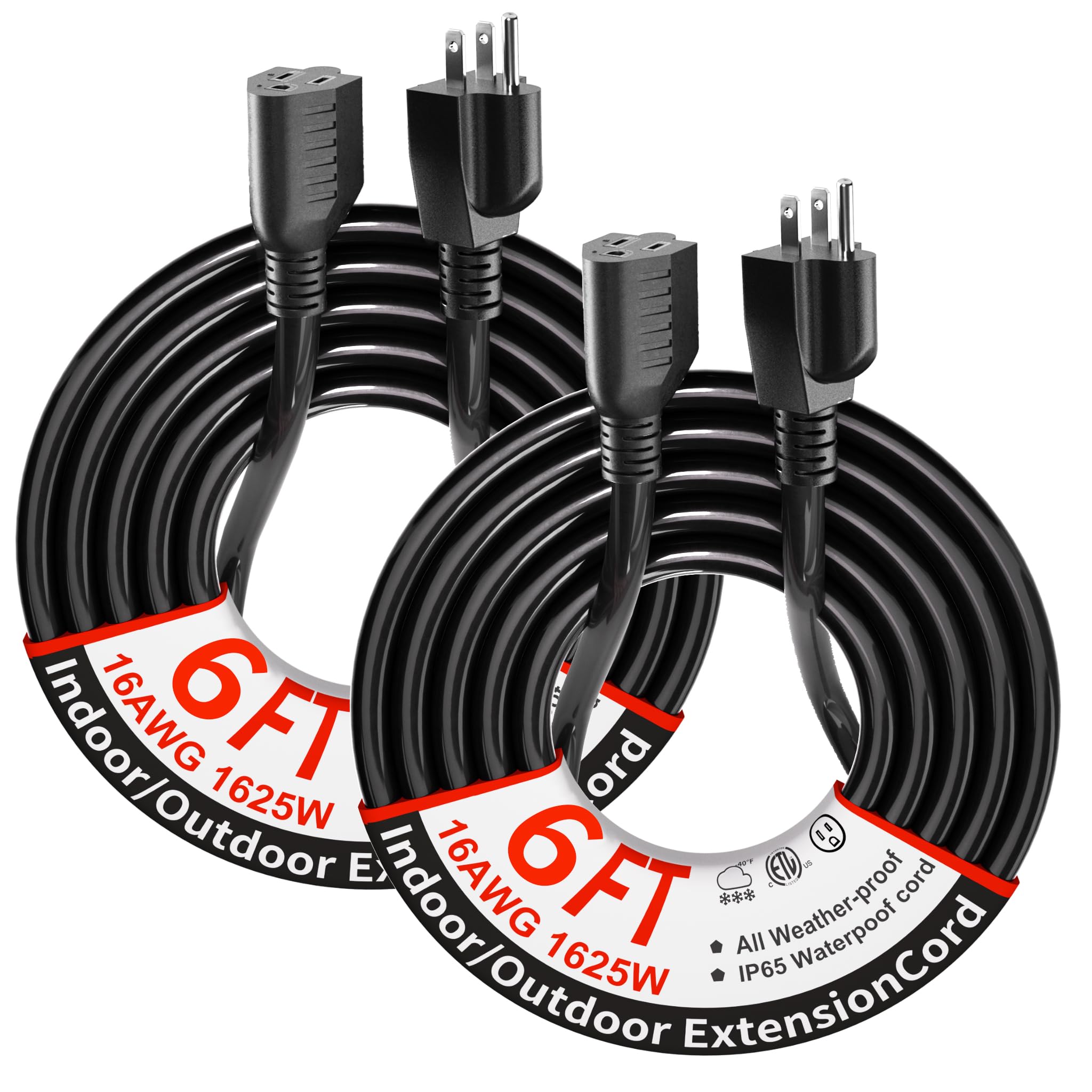 2 Pack of 6Ft Black Outdoor Extension Cord 16/3 Gauge Waterproof, Cold Weatherproof -58°F, Flame Retardant, Flexible 3 Prong Electric Cord for Lawn Office,13A 1625W 16AWG SJTW, ETL Listed