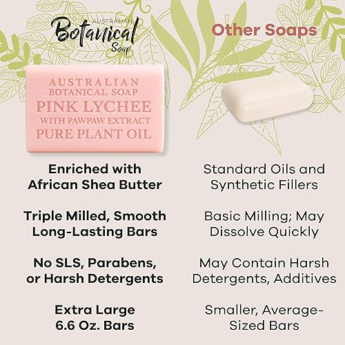 Miniatura 6 de Australian Botanical Soap, Barras de jabón de lichi rosa con extracto de papaya de 6.6 oz (187 g) de ingredientes naturales, para todo tipo de piel,