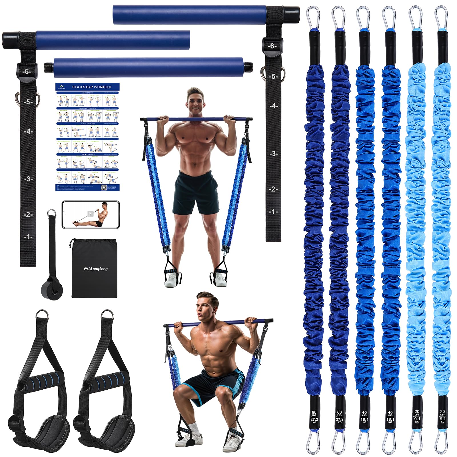 ALongSong Pilates Bar Set mit Widerstandsbänder Krafttraining 180LBS/140LBS/240LBS/360LBS Resistance Bands Fitnessbänder Set & Pilates-Stange, Griffe für Fitness/Yoga/Gym