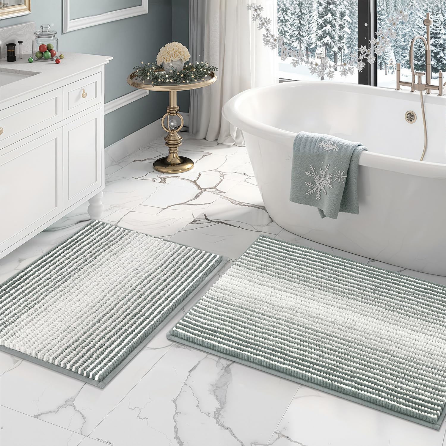 BSICPRO Bathroom Rugs and Mats Sets, 2 Piece Thick Absorbent Chenille Bath Mat Rug Set Non Slip, Soft Shaggy Bath Room Floor Mats for Bathroom,