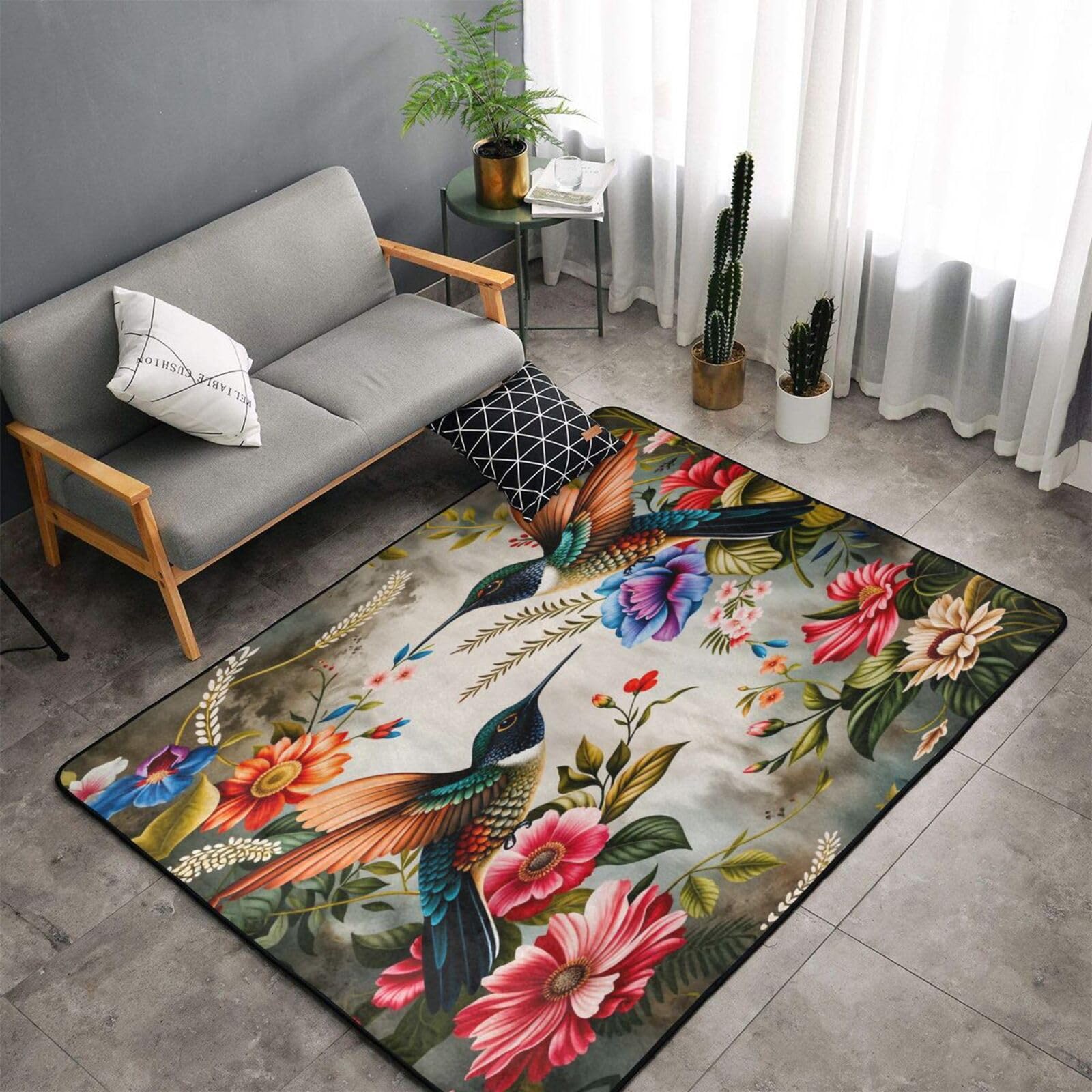 Alfombra retro de flores y colibrí ACEPrints de 60x39 pulgadas para salón