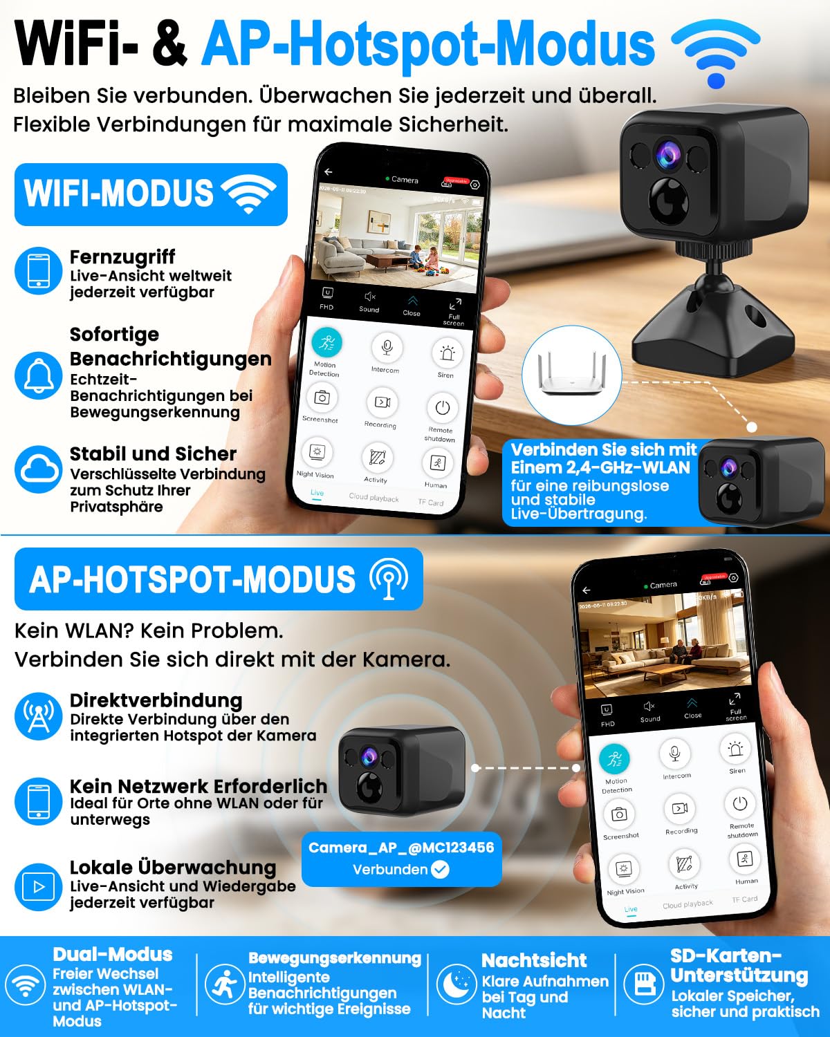 Mini Kamera Überwachungskamera Innen Ohne Wlan, WiFi & AP Hotspot, Kamera Überwachung Außenbereich Akku, 160 Tage Standby, Weitwinkel, Nachtsicht, Kabelloses Kamera für Haus/Haustier, Tiefschwarz