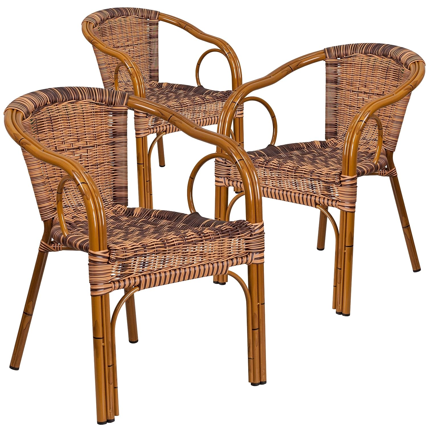 Flash Furniture 3 Pack Cadiz Series Burning Brown Rattan Restaurant Patio Chair with Dark Red Bamboo-Aluminum Frame