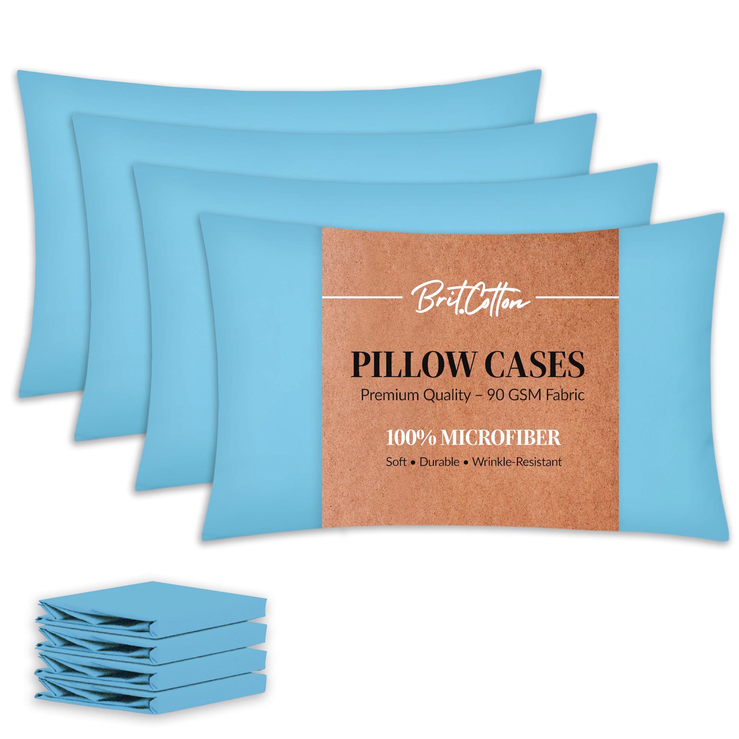 Brit Cotton-Sky Blue Pillow Cases 4 Pack-1800 Super Soft 100% Brushed Microfibre Pillowcases-Envelope Closure-Non Iron,Breathable,Fade & Stain Resistant - Standard Size (50x75cm) Pillow Covers