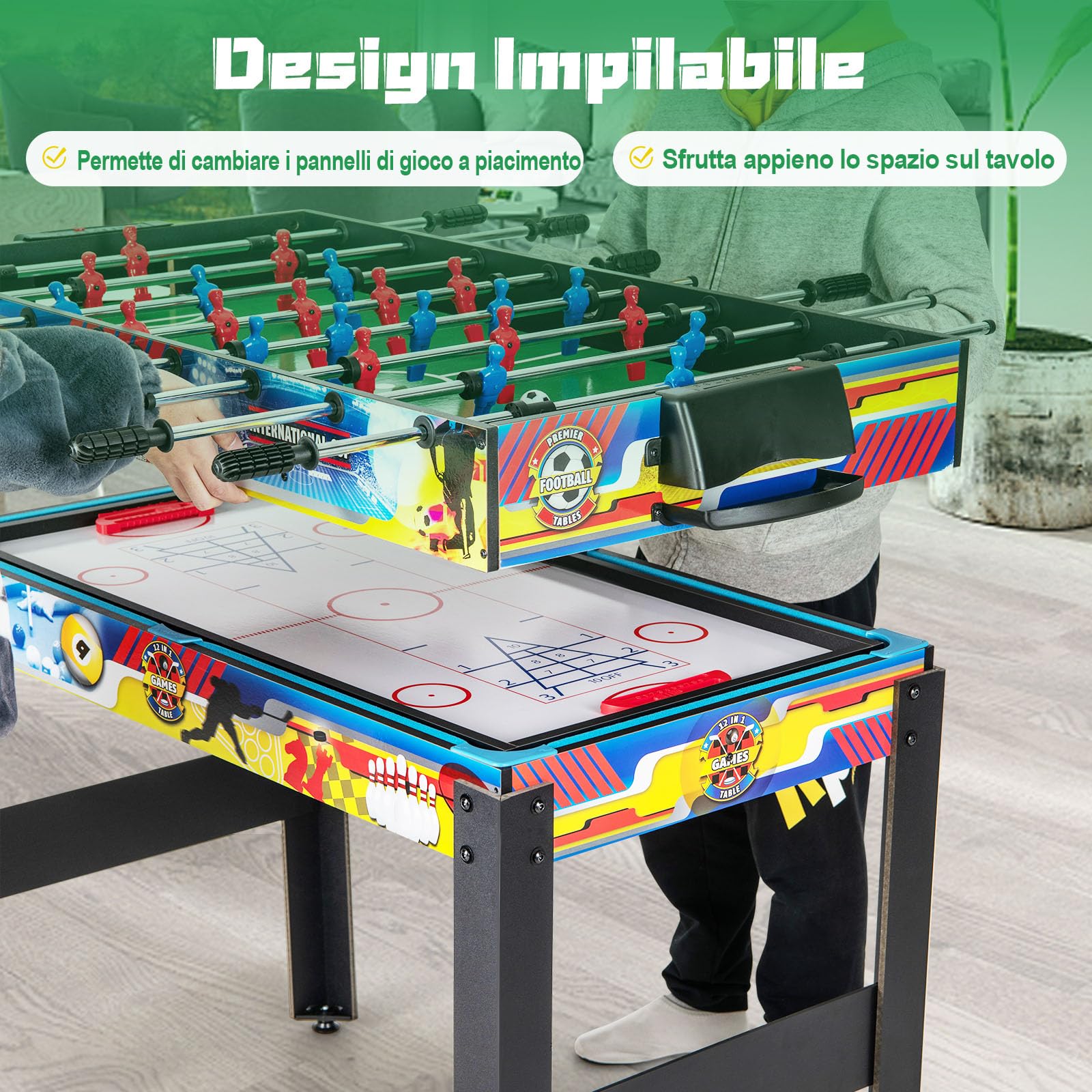 RELAX4LIFE 12 IN 1 Tavolo da Gioco Multifunzionale, Set da Tavolo Multigioco Calcio Balilla Ping Pong Air Hockey Scacchi Bowling, per Casa Ufficio Bar